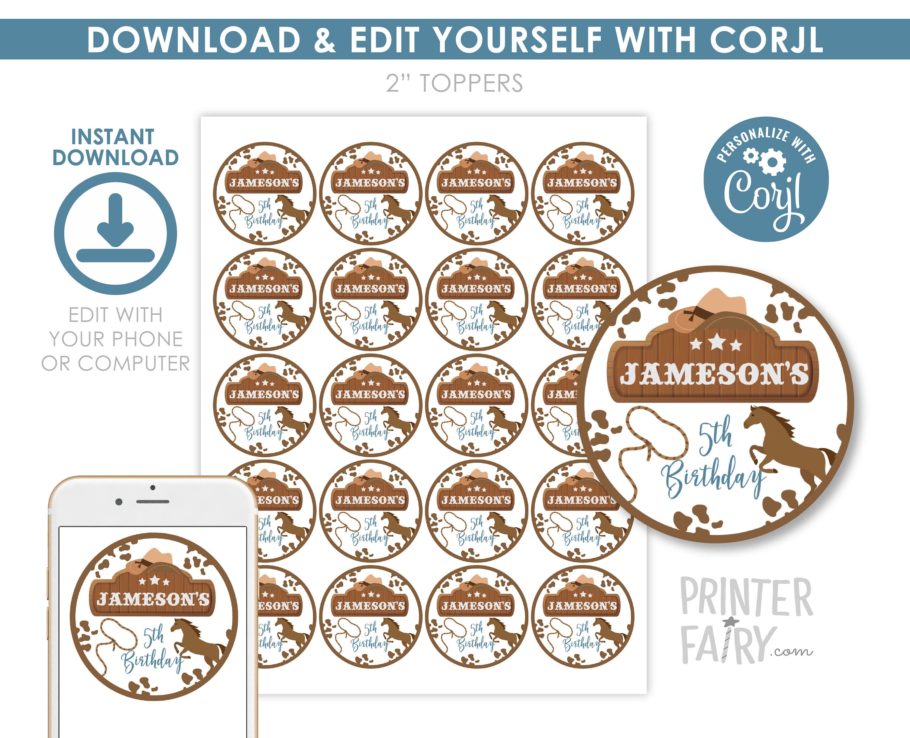 Rodeo Birthday Cupcake Toppers, Editable Western Stickers (Digital Download)