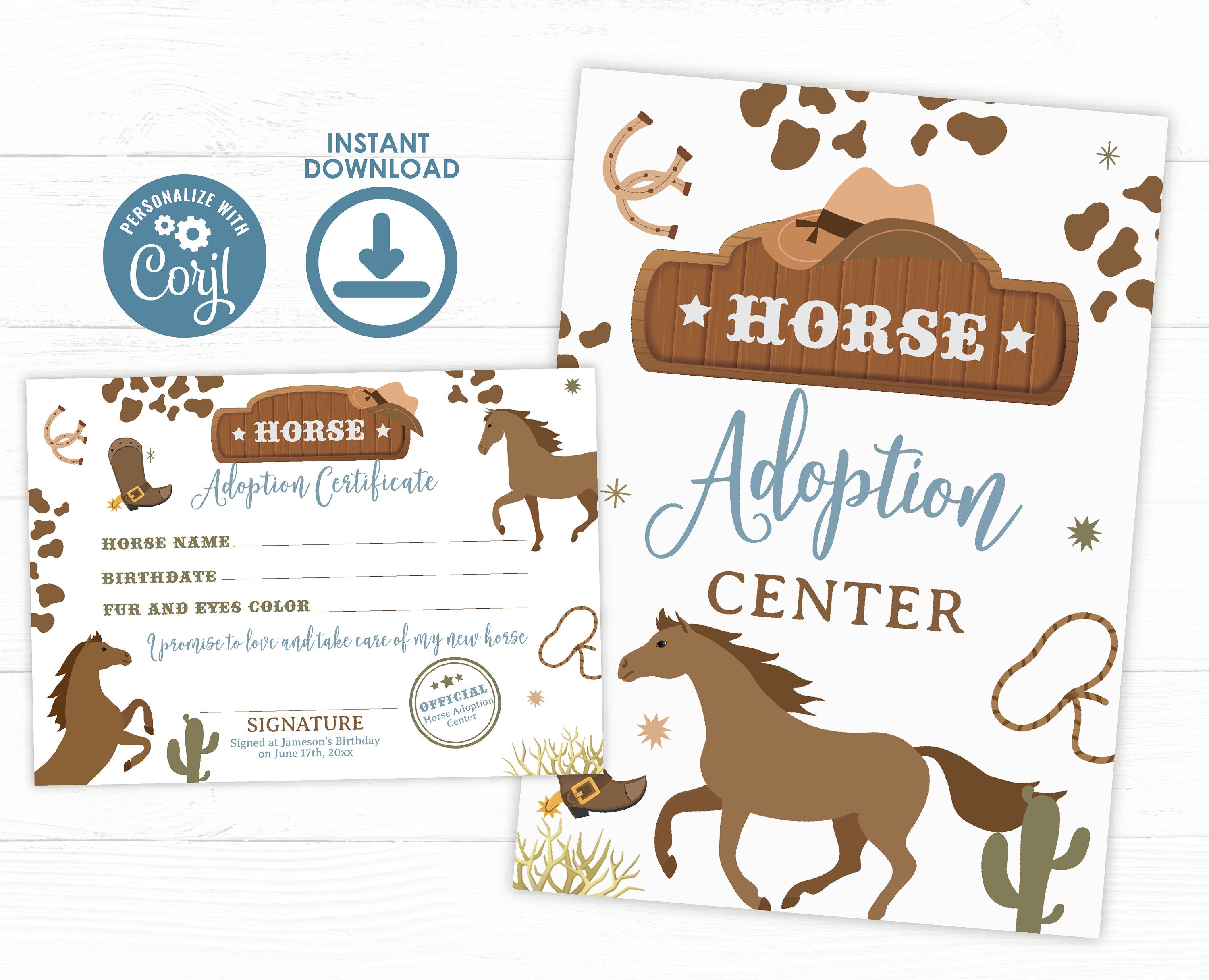 Horse Adoption Party Sign and Certificate, Cowboy Western Birthday (Editable, Digital)