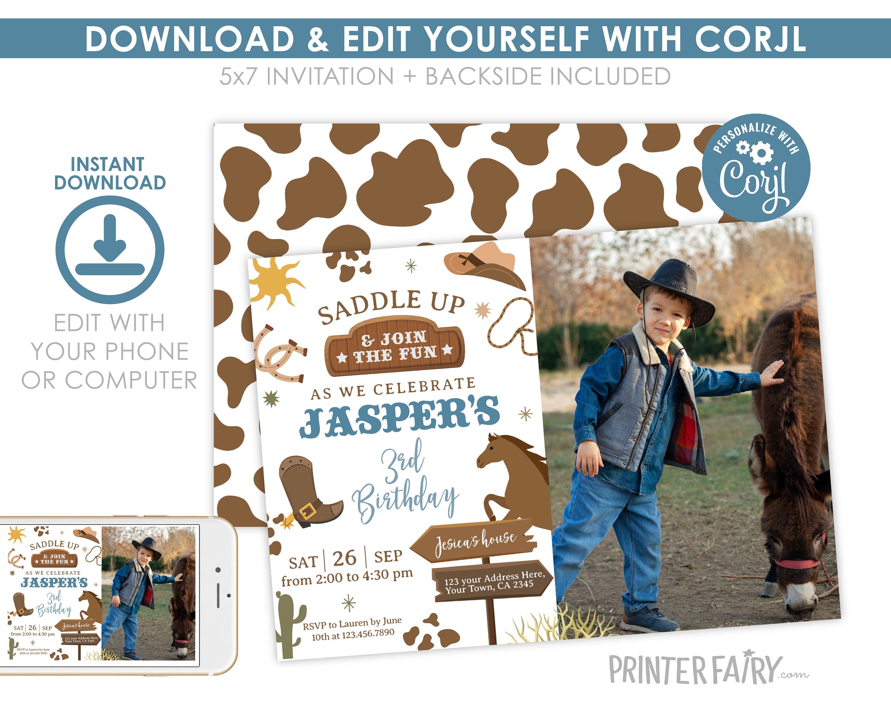Rodeo Birthday Invitation with Photo, Wild West Party (Editable)