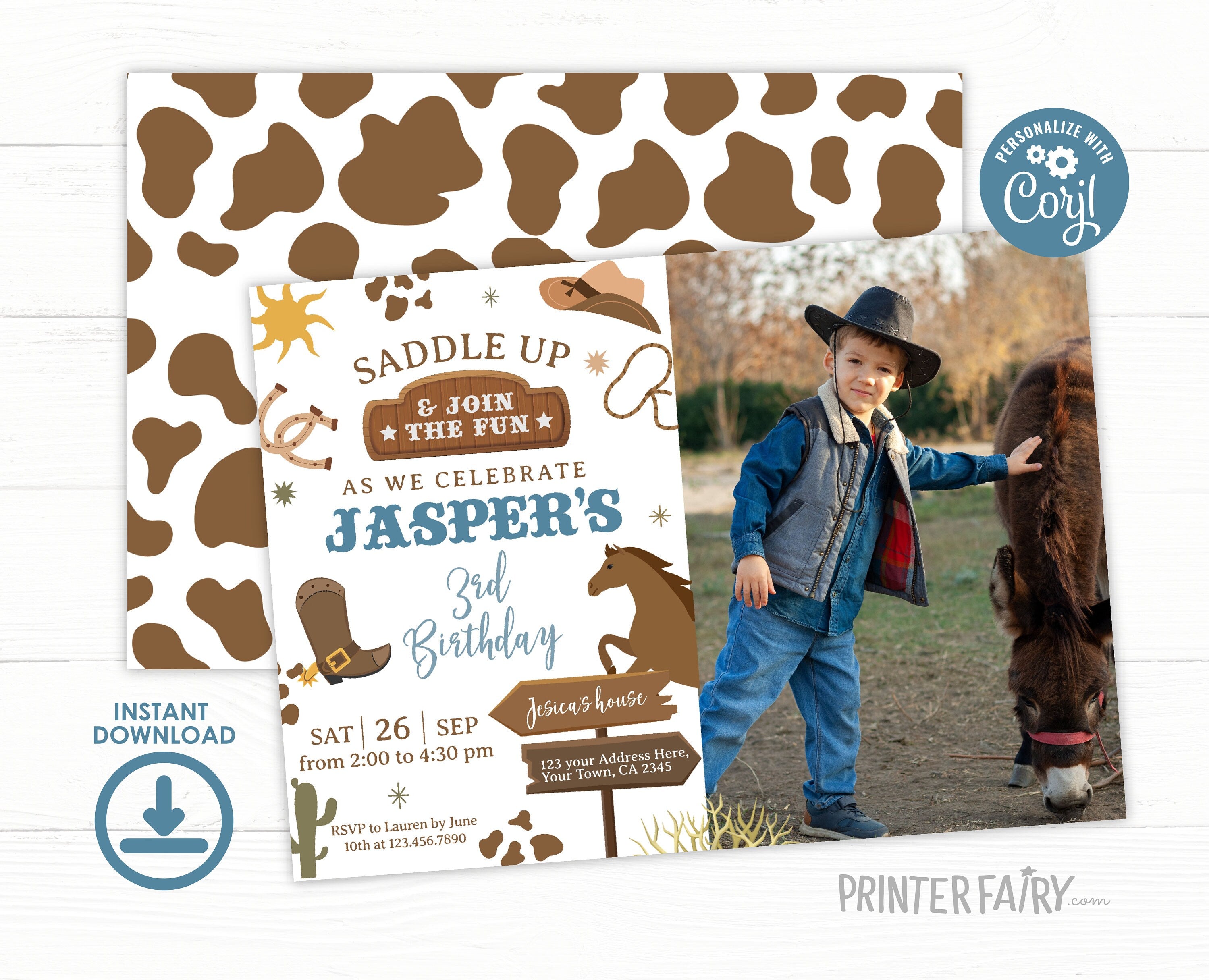 Rodeo Birthday Invitation with Photo, Wild West Party (Editable)