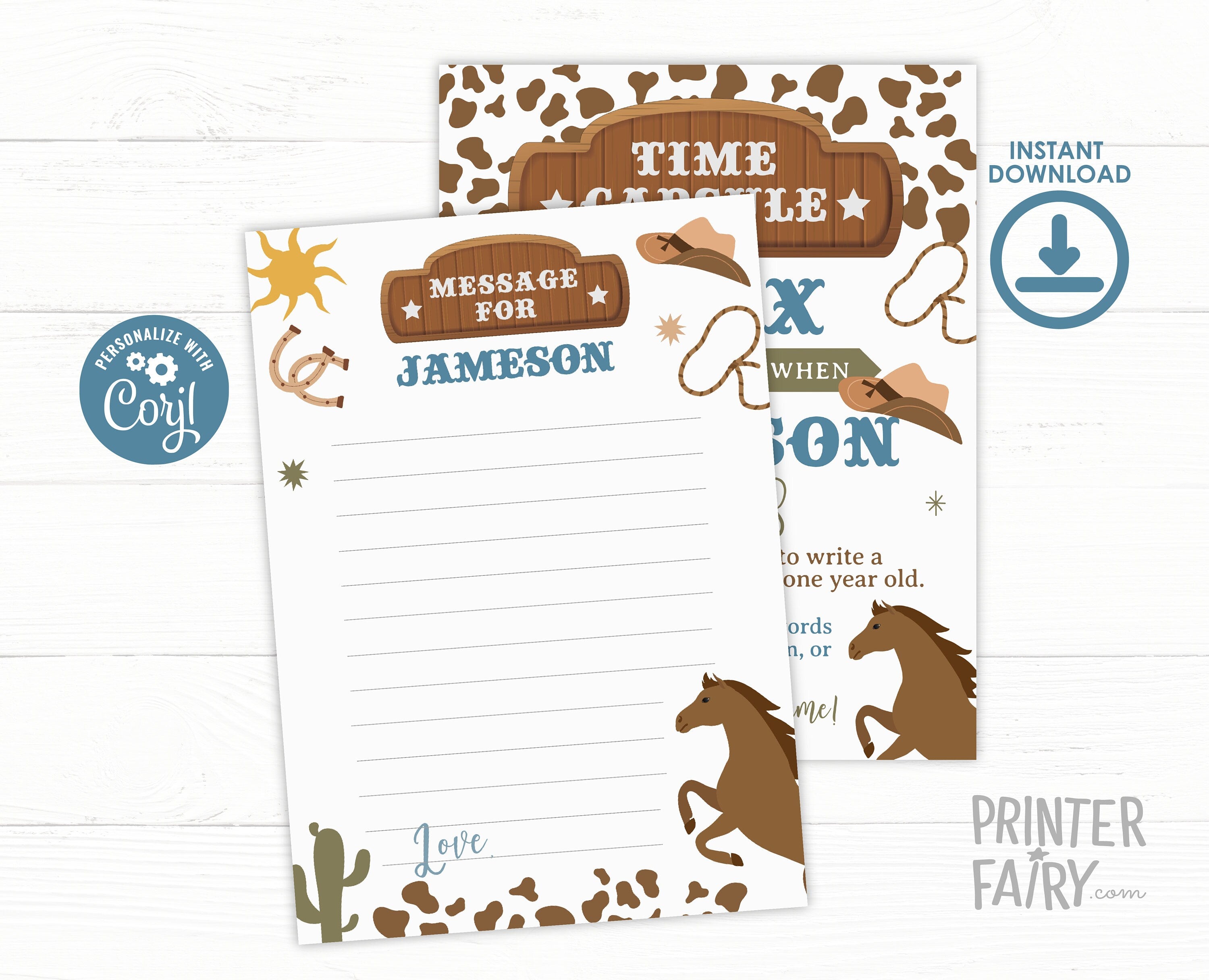Rodeo Birthday Time Capsule Sign & Card, Wild West Party (Editable Digital Download)
