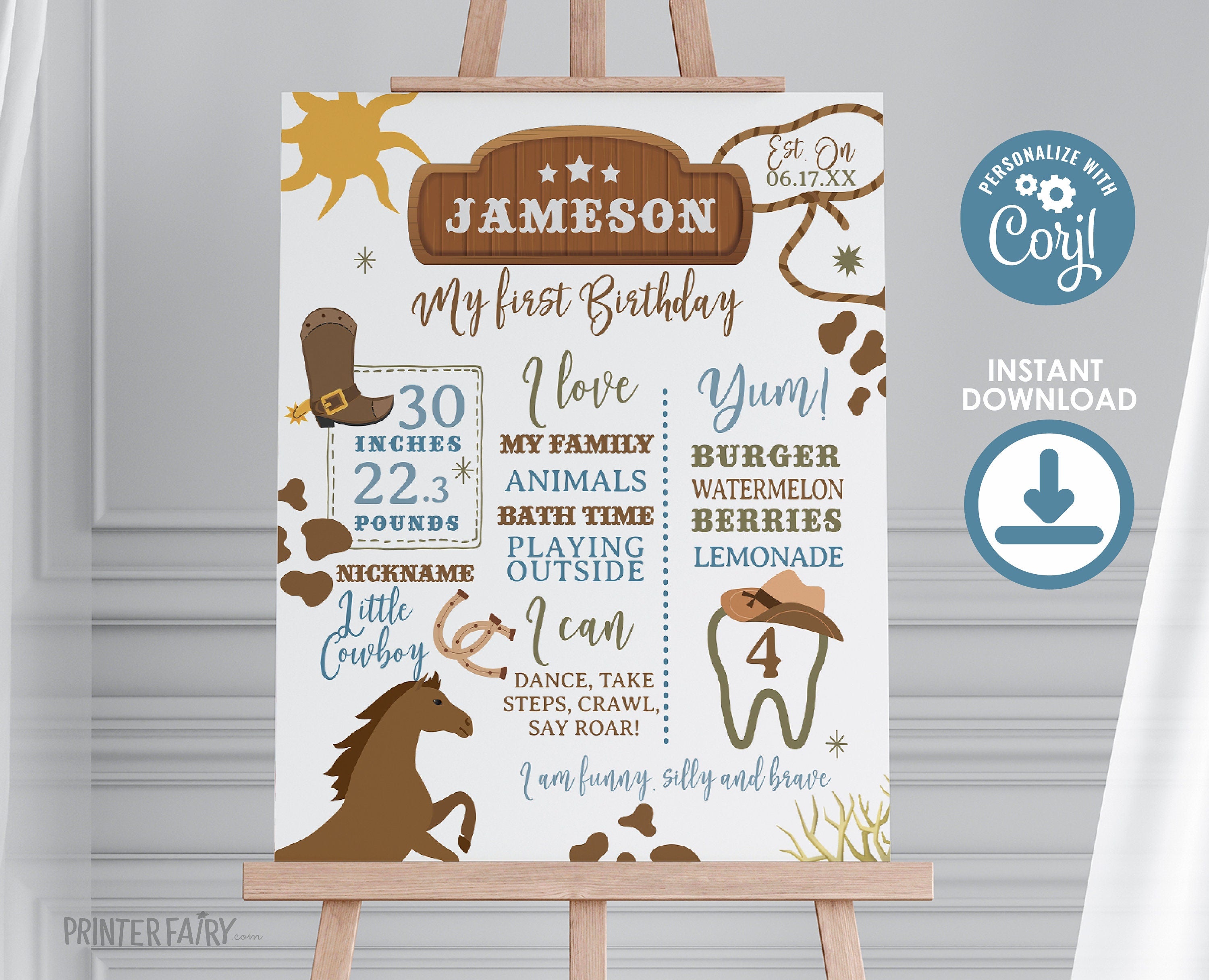 Editable Rodeo First Birthday Stats Board, Cowboy Theme (Printable)
