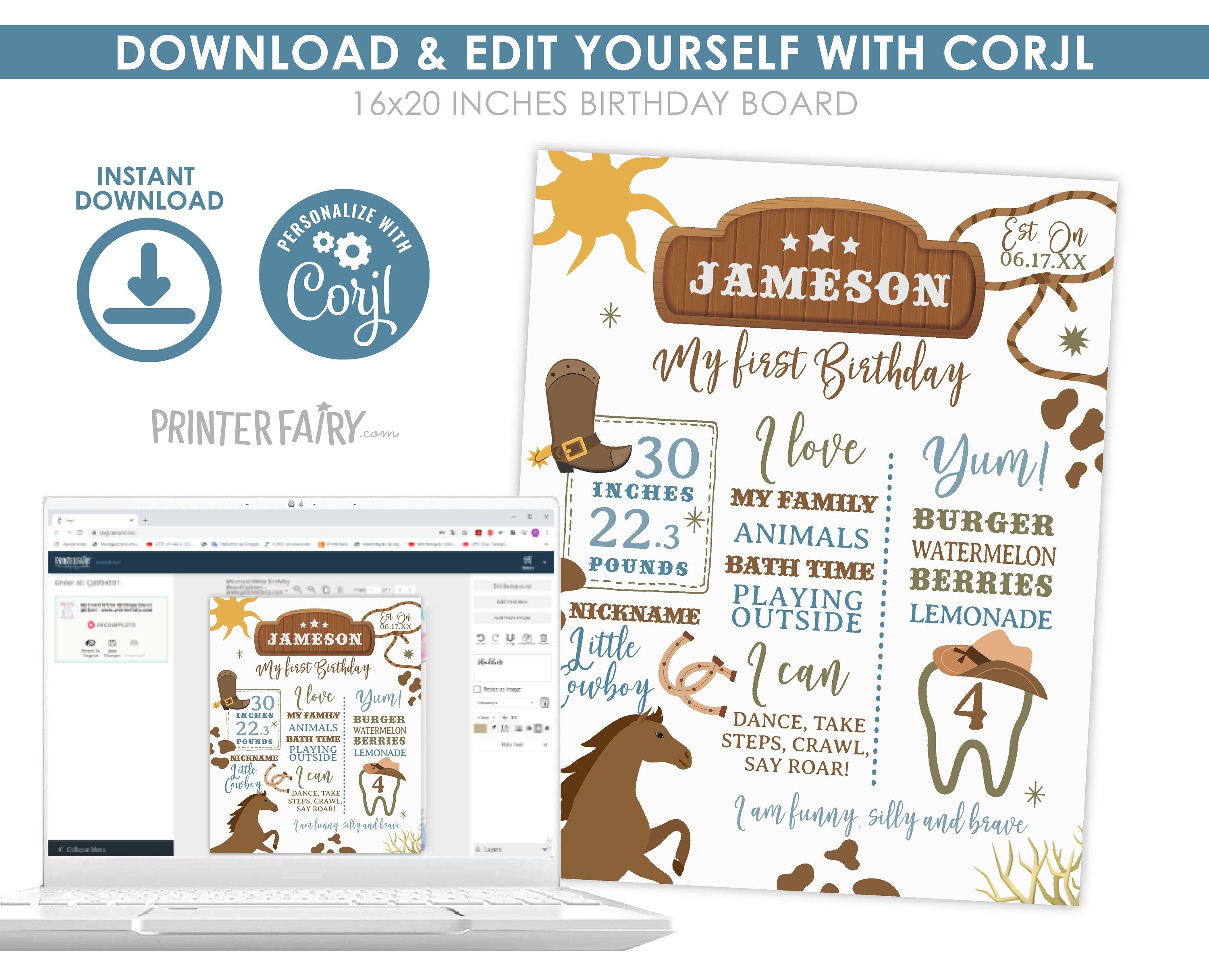 Editable Rodeo First Birthday Stats Board, Cowboy Theme (Printable)