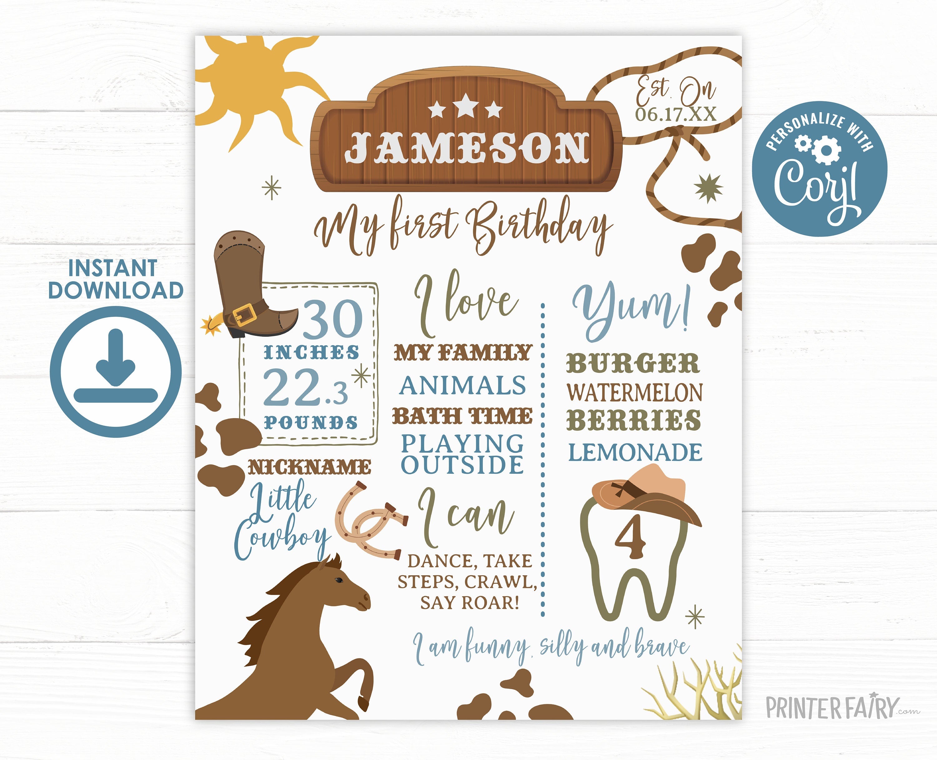 Editable Rodeo First Birthday Stats Board, Cowboy Theme (Printable)
