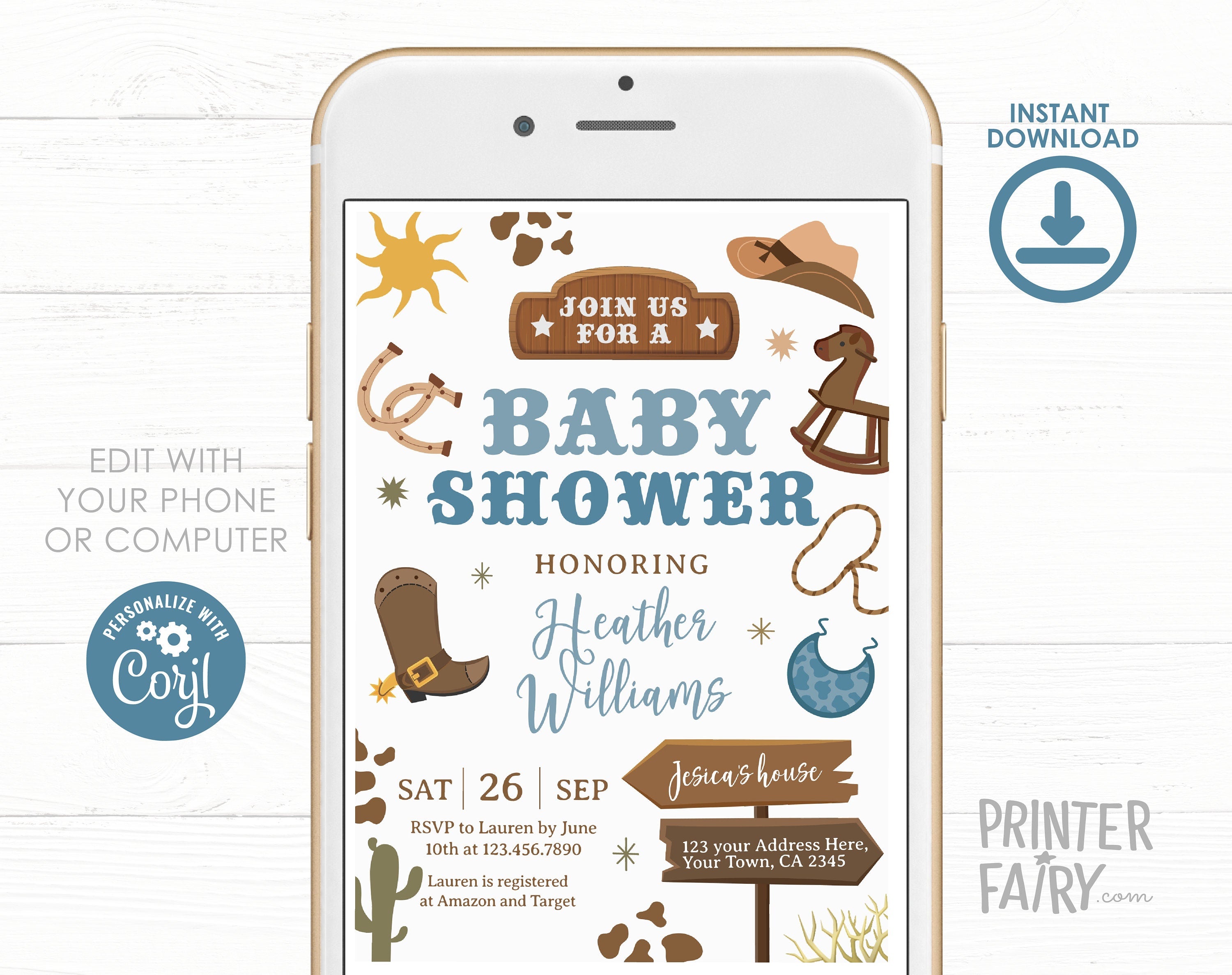 Cowboy Baby Shower Invitation, Wild West Rodeo (Editable Digital Item)