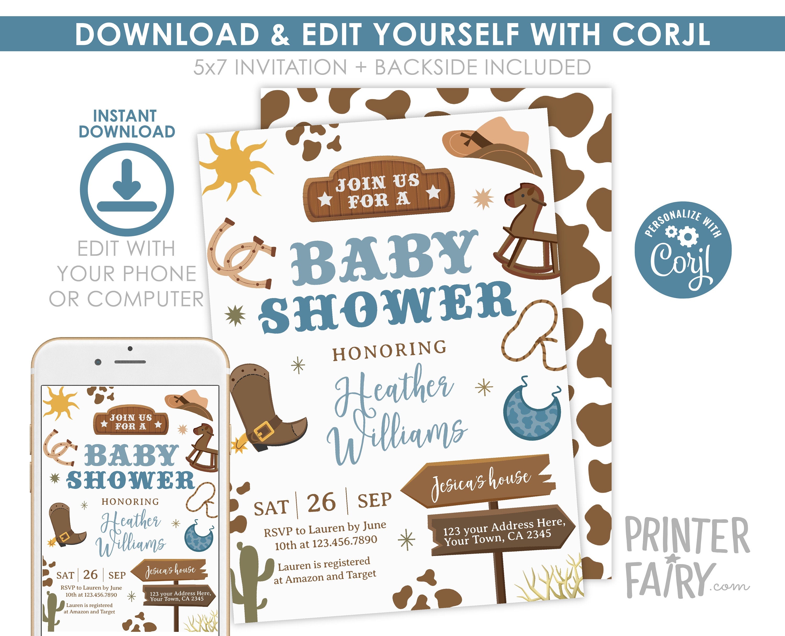 Cowboy Baby Shower Invitation, Wild West Rodeo (Editable Digital Item)