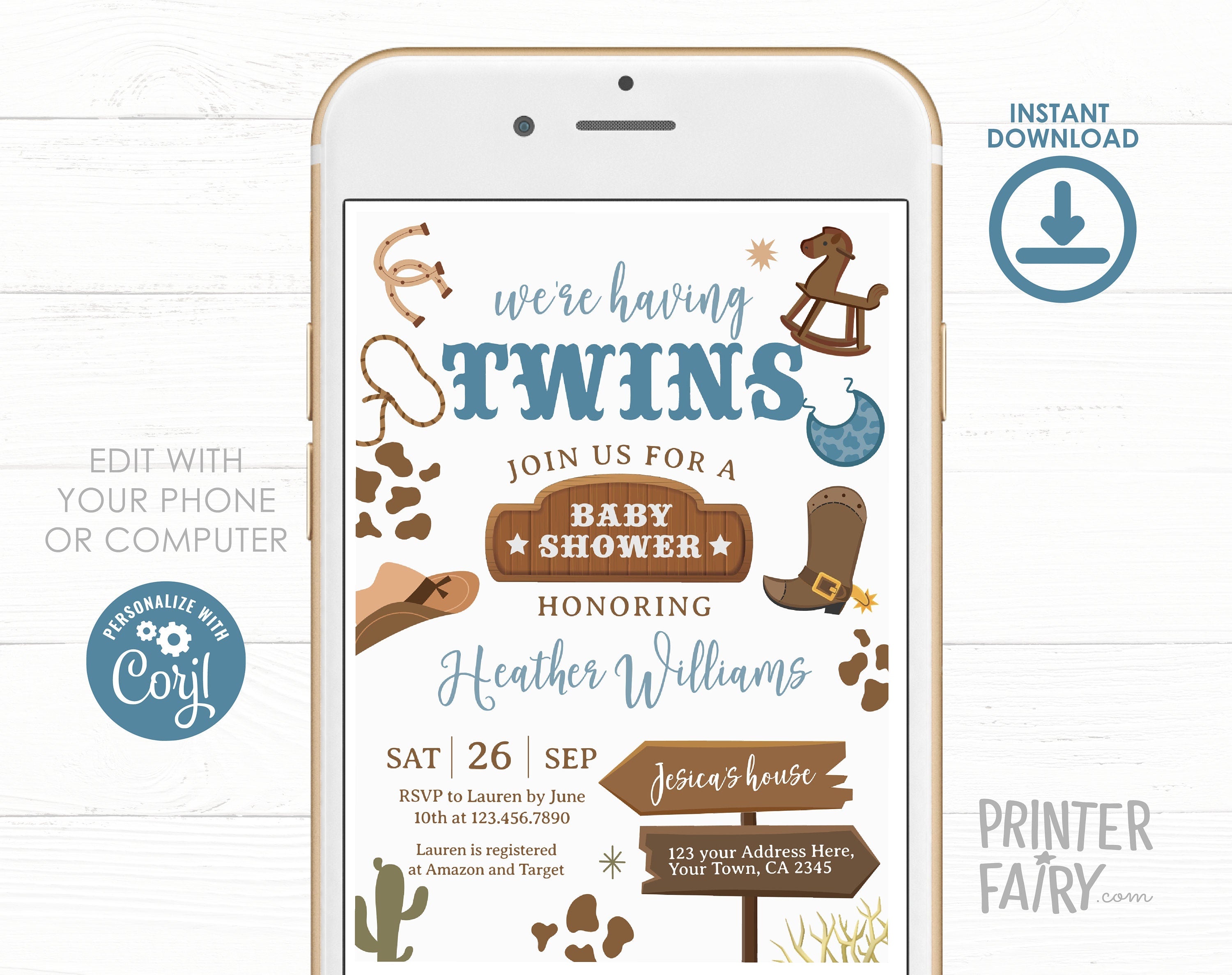 Cowboy Twins Baby Shower Invitation, Wild West Rodeo (Editable Digital Item)
