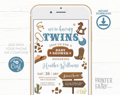 Cowboy Twins Baby Shower Invitation, Wild West Rodeo (Editable Digital Item)
