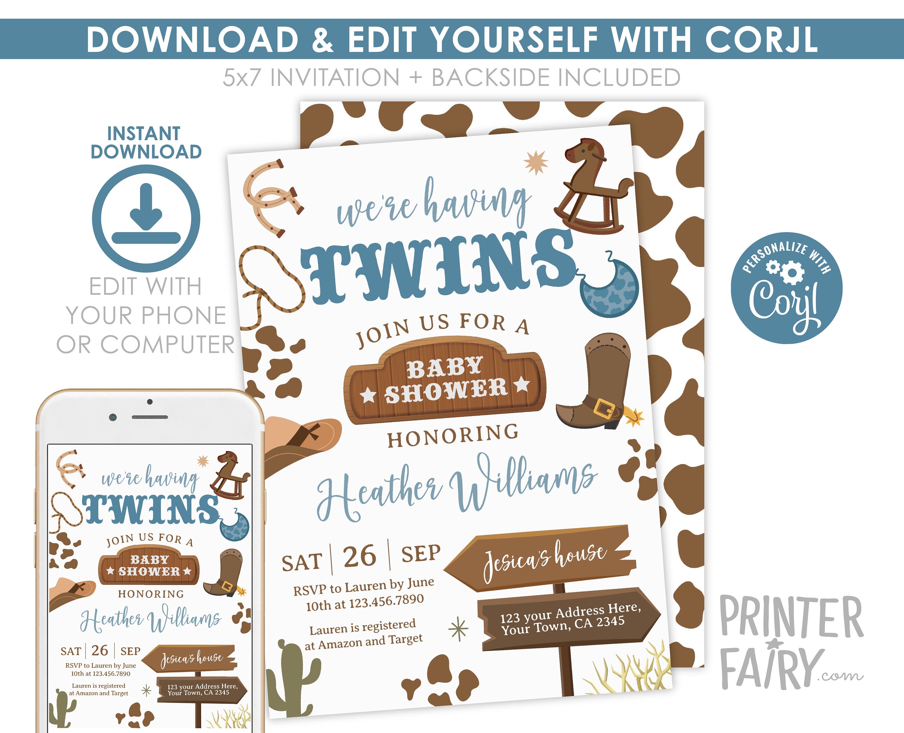 Cowboy Twins Baby Shower Invitation, Wild West Rodeo (Editable Digital Item)