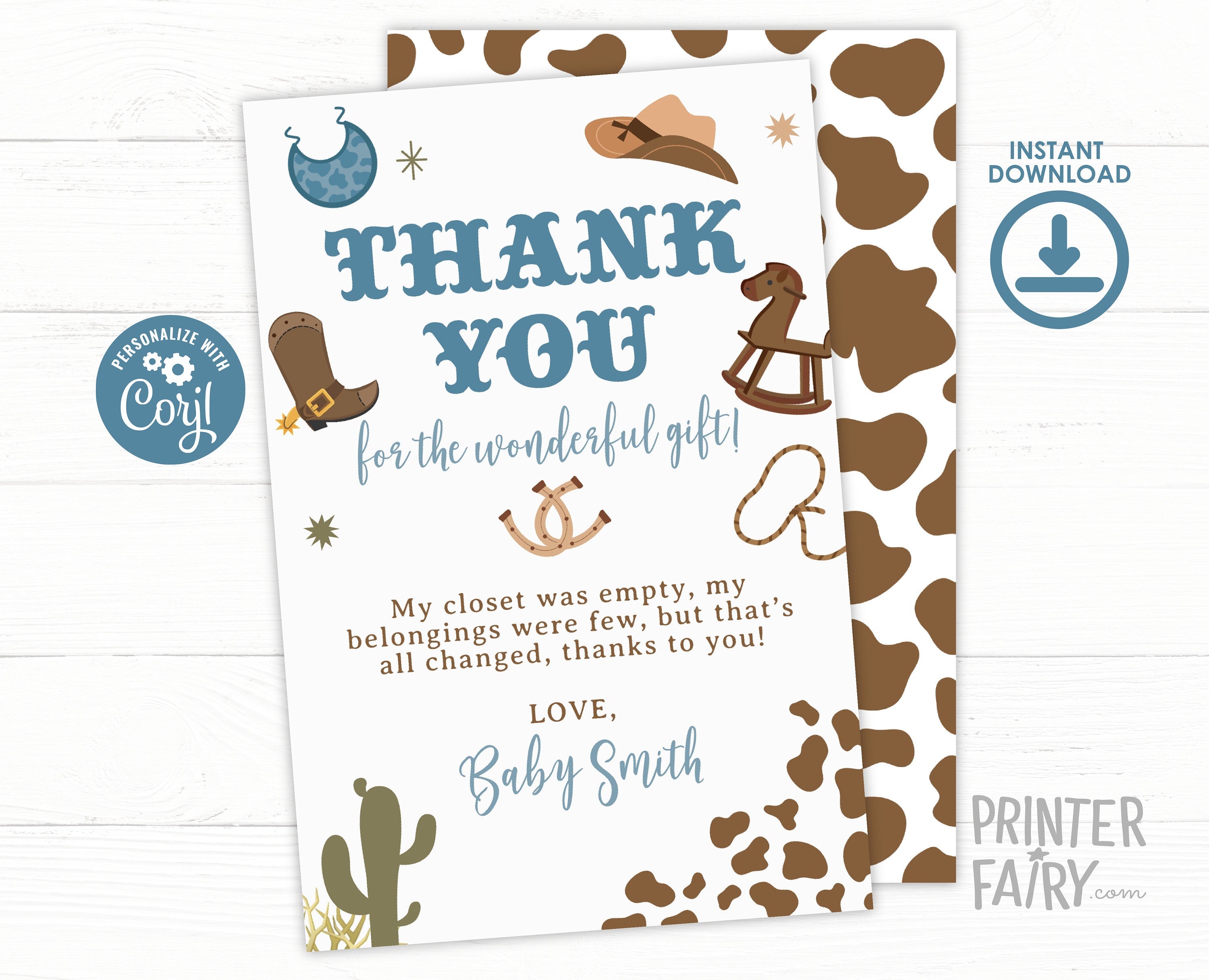 Cowboy Baby Shower Thank You Card, Editable (Digital Download)