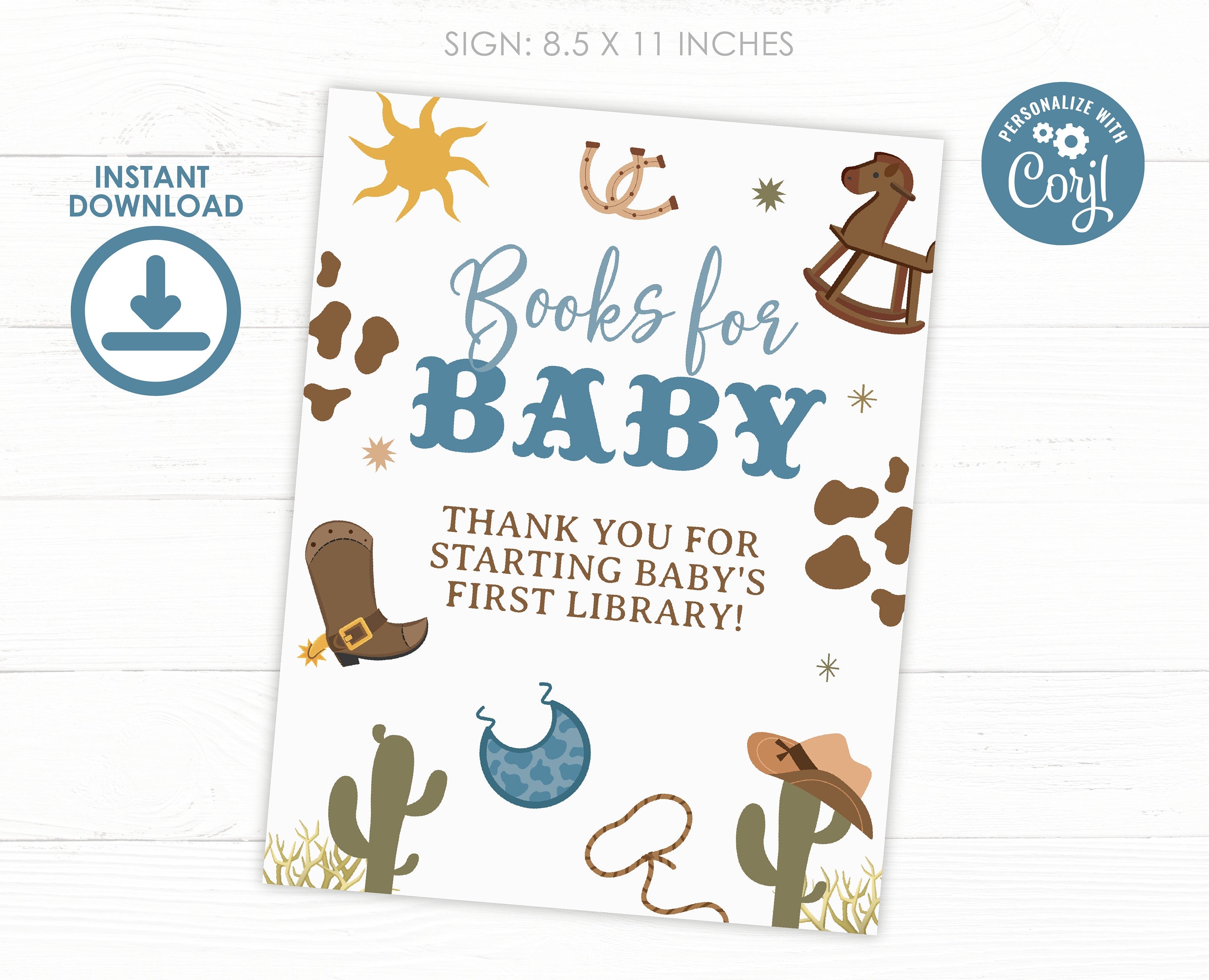 Cowboy Baby Shower Books for Baby Sign, Wild West Theme (Editable Digital Item)