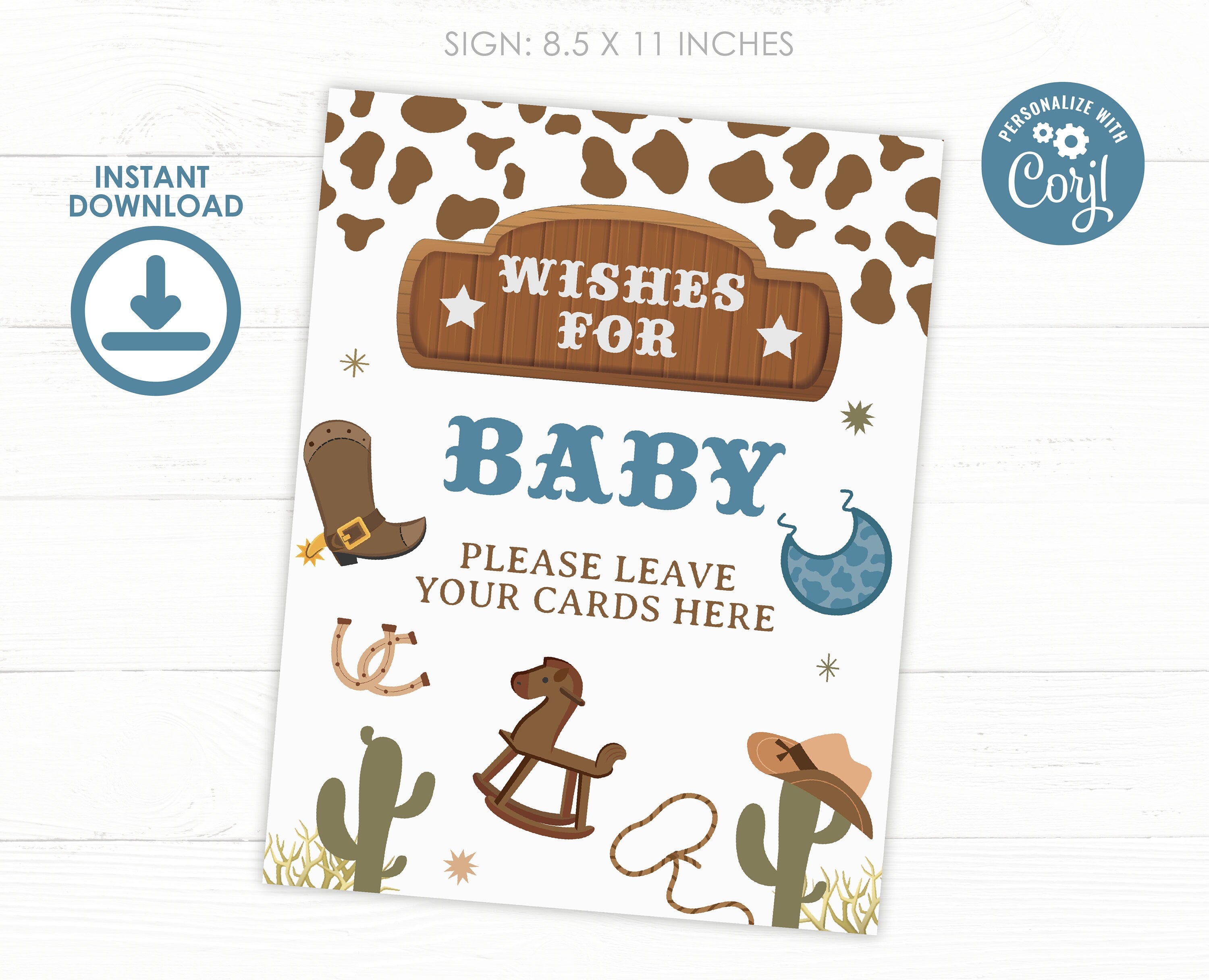 Cowboy Baby Shower Games, Wishes Card and Sign (Digital Download)