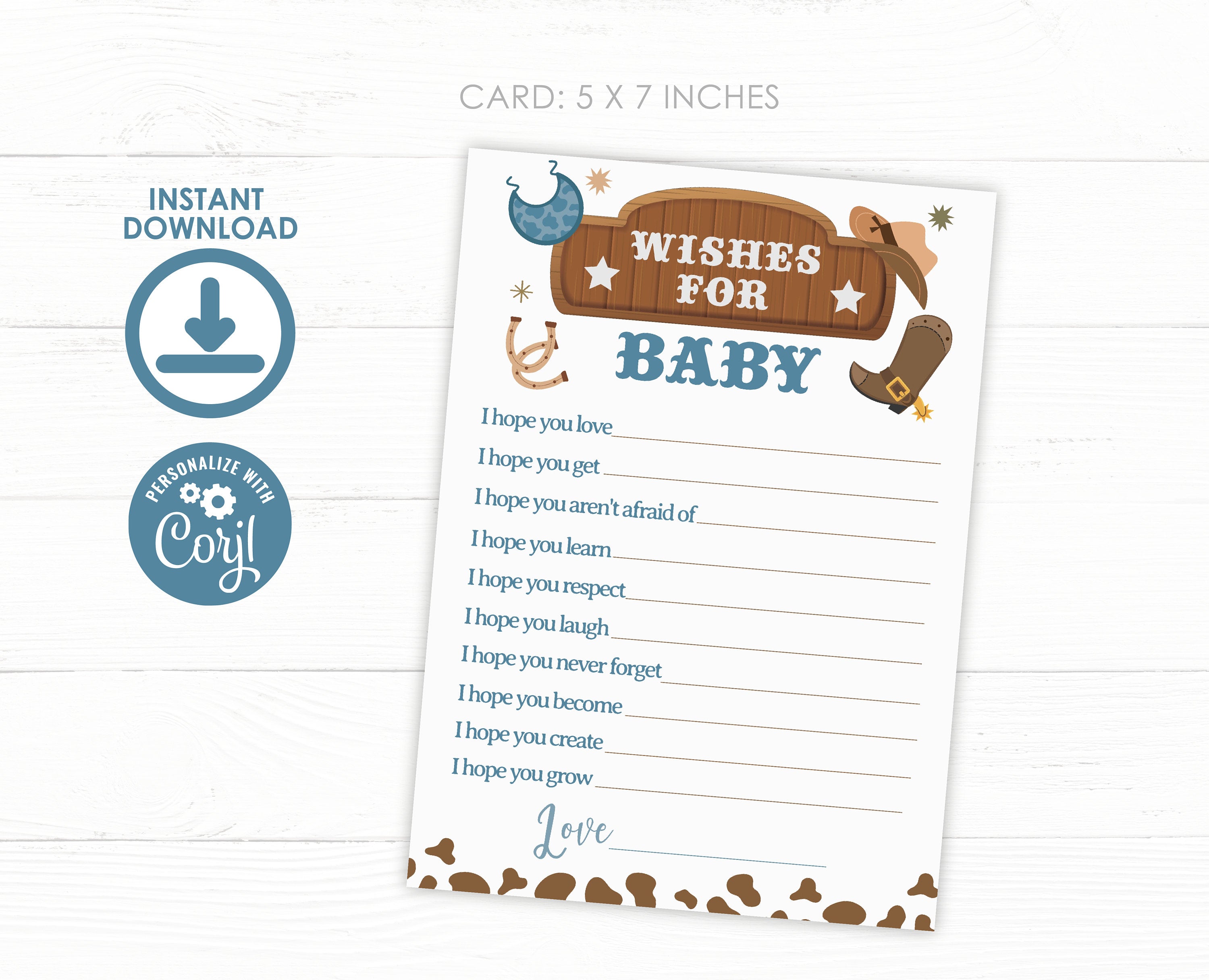 Cowboy Baby Shower Games, Wishes Card and Sign (Digital Download)