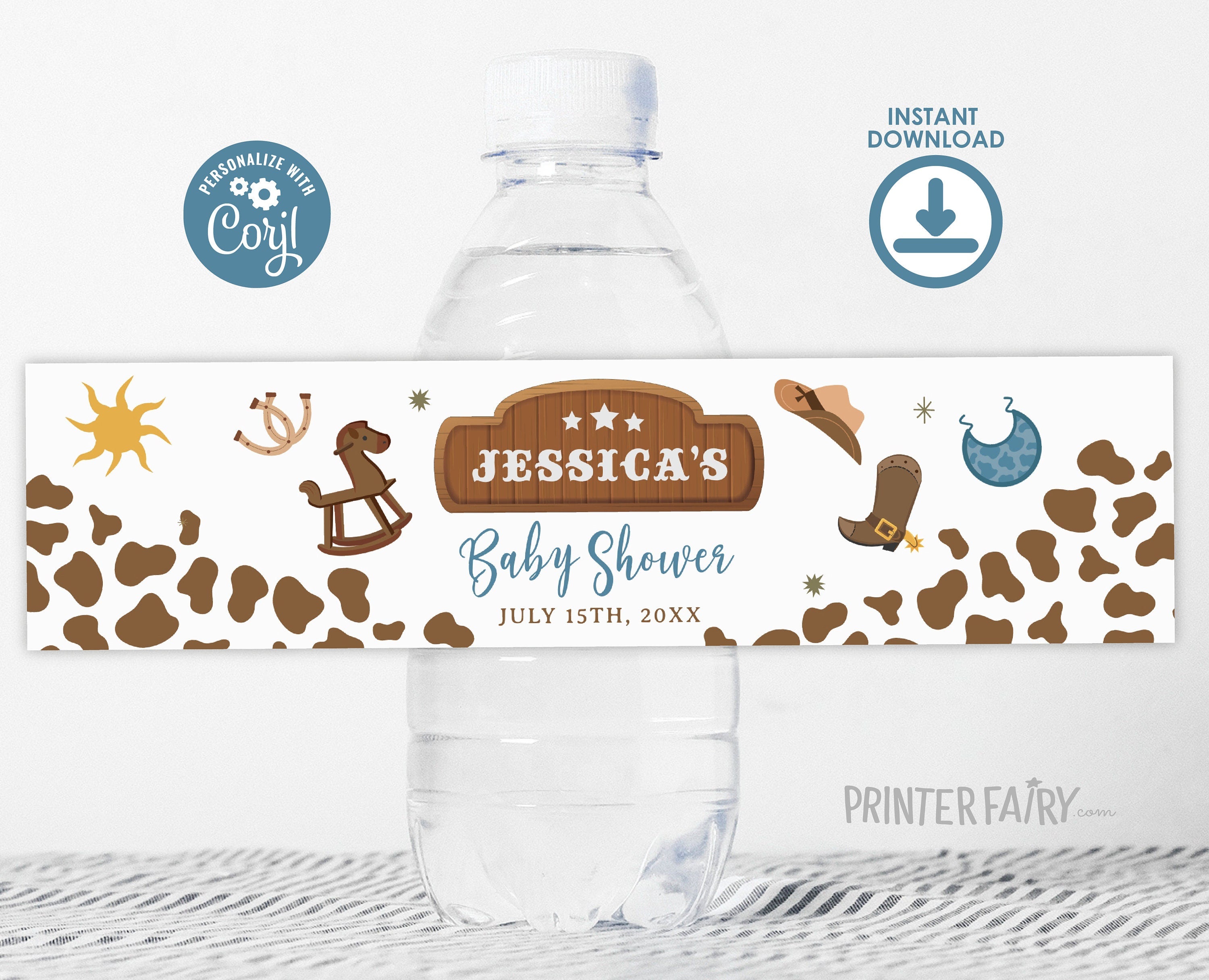 Cowboy Baby Shower Water Bottle Label, Editable (Digital Item)