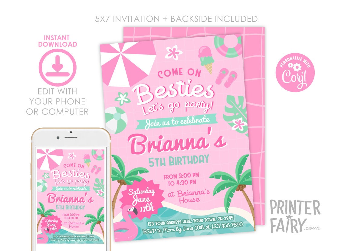 Pink Flamingo Pool Party Invitation, Editable Summer Beach Theme (Instant Download)