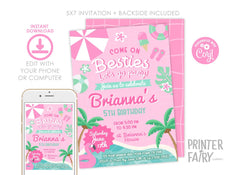 Pink Flamingo Pool Party Invitation, Editable Summer Beach Theme (Instant Download)