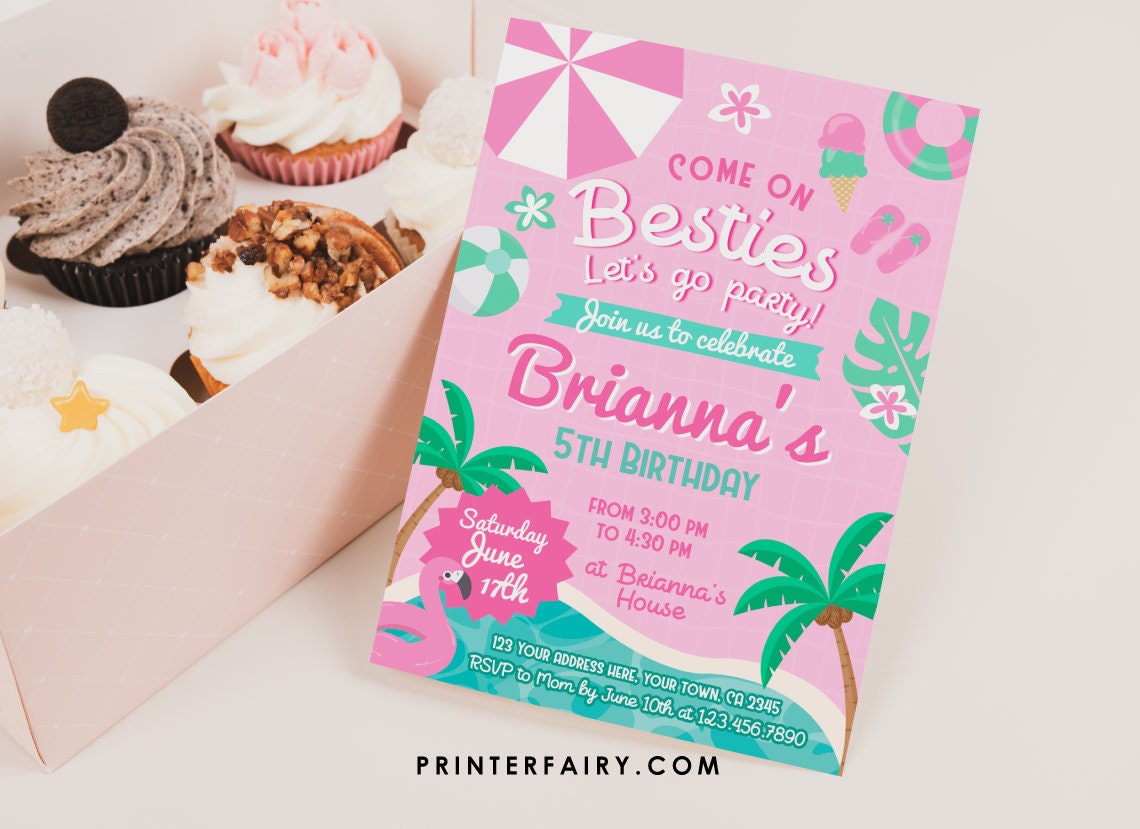 Pink Flamingo Pool Party Invitation, Editable Summer Beach Theme (Instant Download)