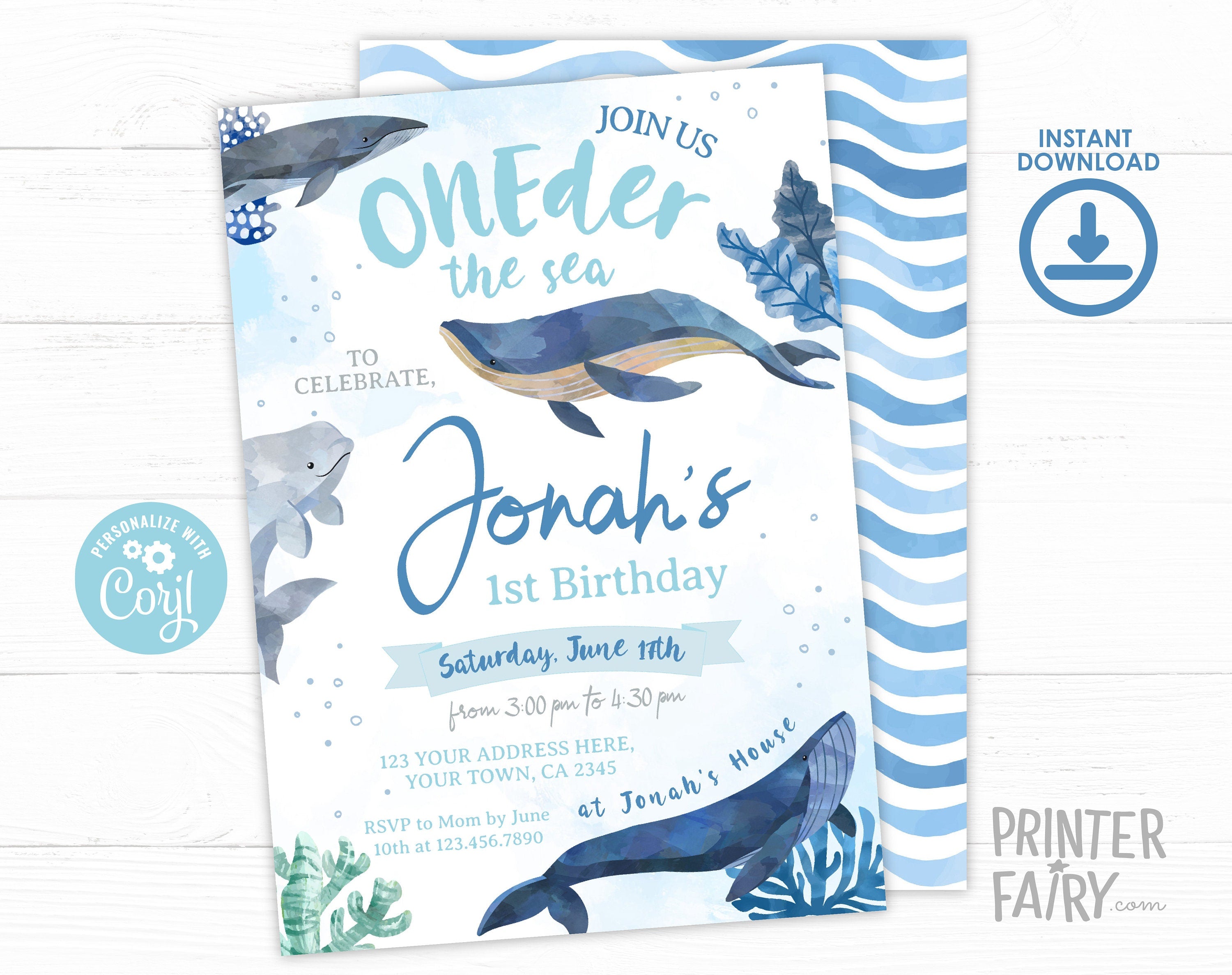 Whales 1st Birthday Invitation, Under The Sea Party (Digital Editable Printable)