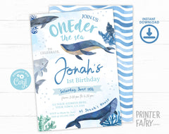 Whales 1st Birthday Invitation, Under The Sea Party (Digital Editable Printable)