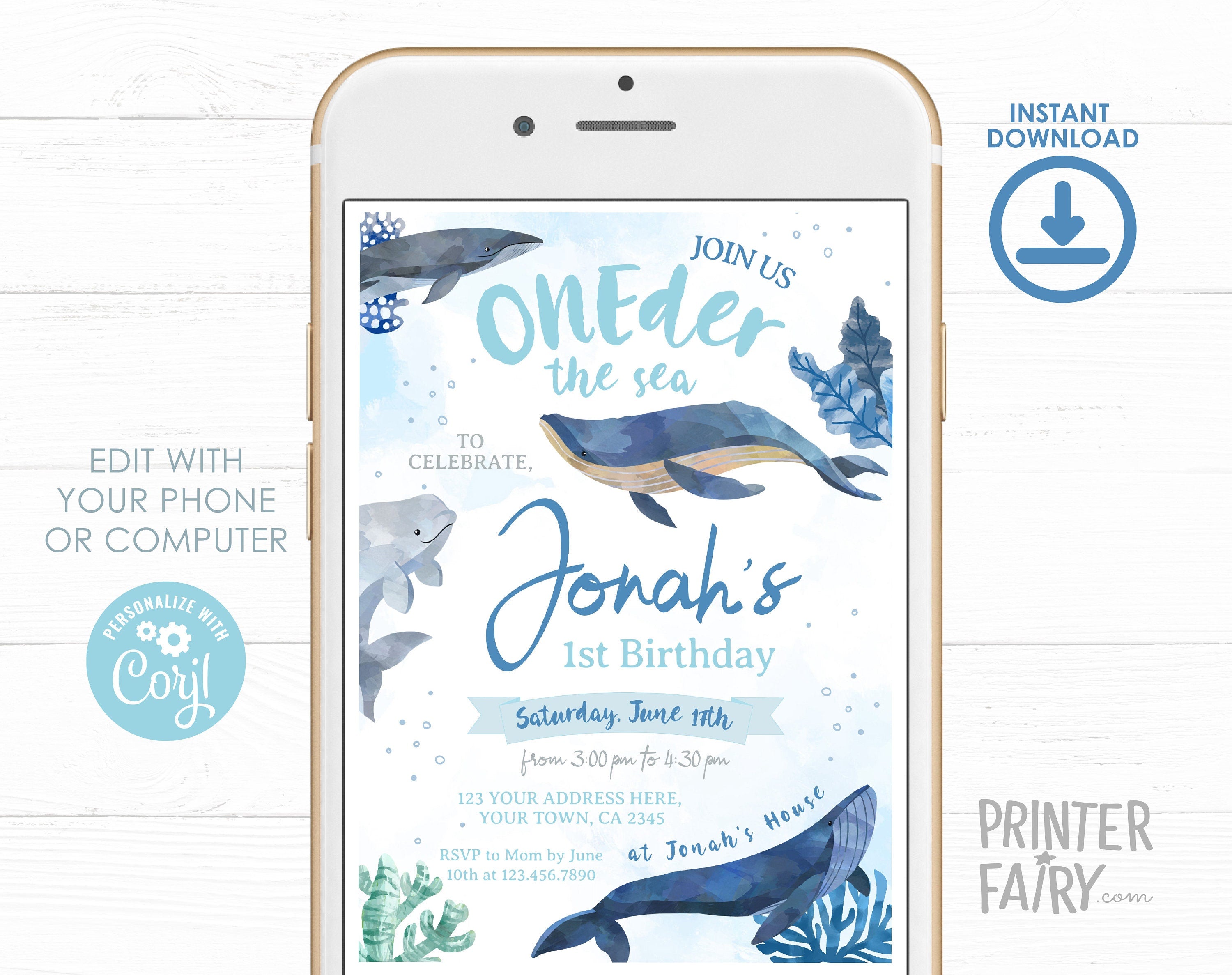 Whales 1st Birthday Invitation, Under The Sea Party (Digital Editable Printable)