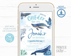 Whales 1st Birthday Invitation, Under The Sea Party (Digital Editable Printable)