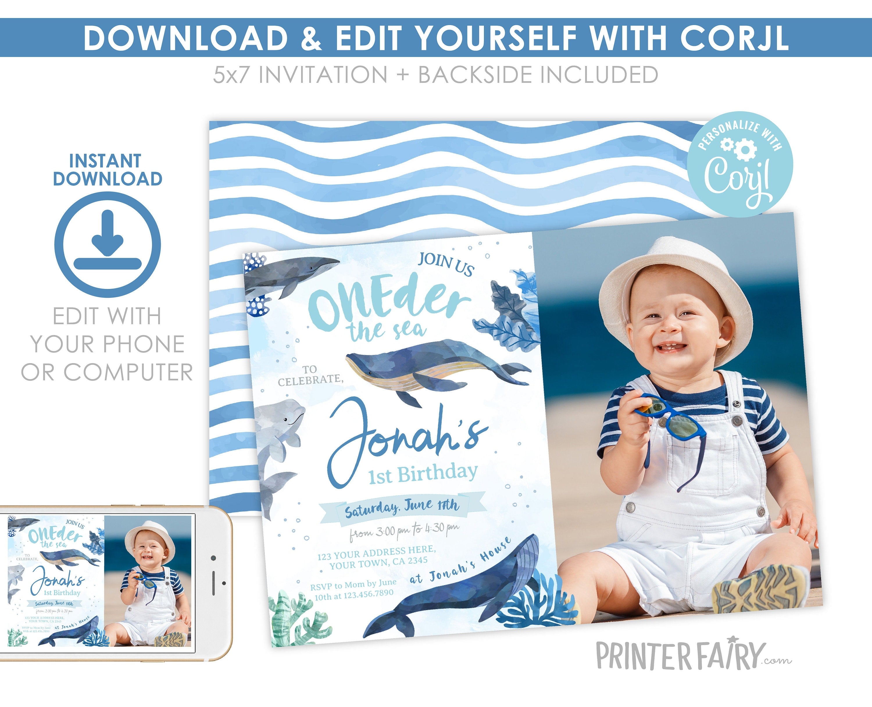 Whales 1st Birthday Invitation with Photo, Under the Sea Party (Editable Printable)