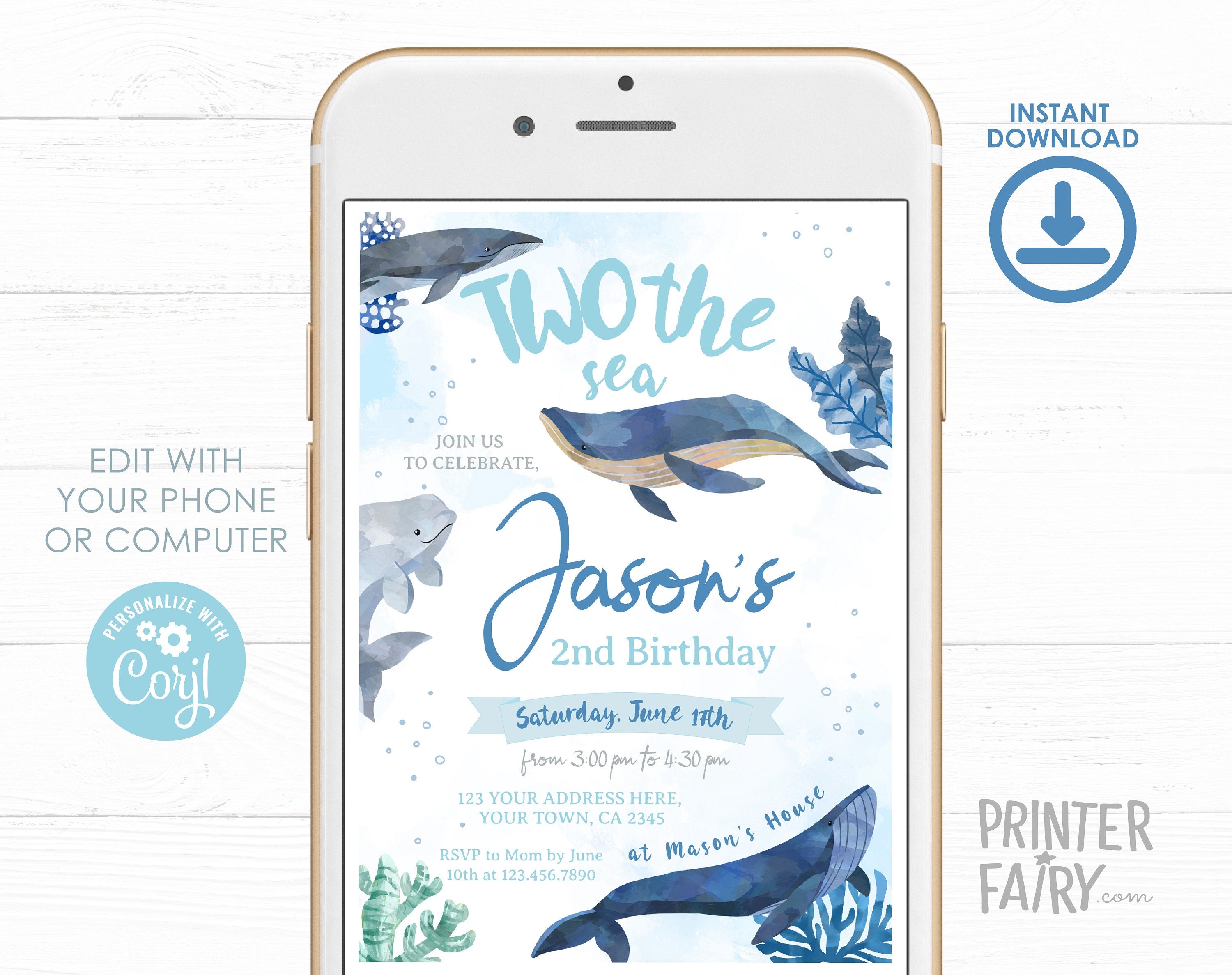 Whale 2nd Birthday Party Invitation, Under the Sea, Editable Template (Instant Download)