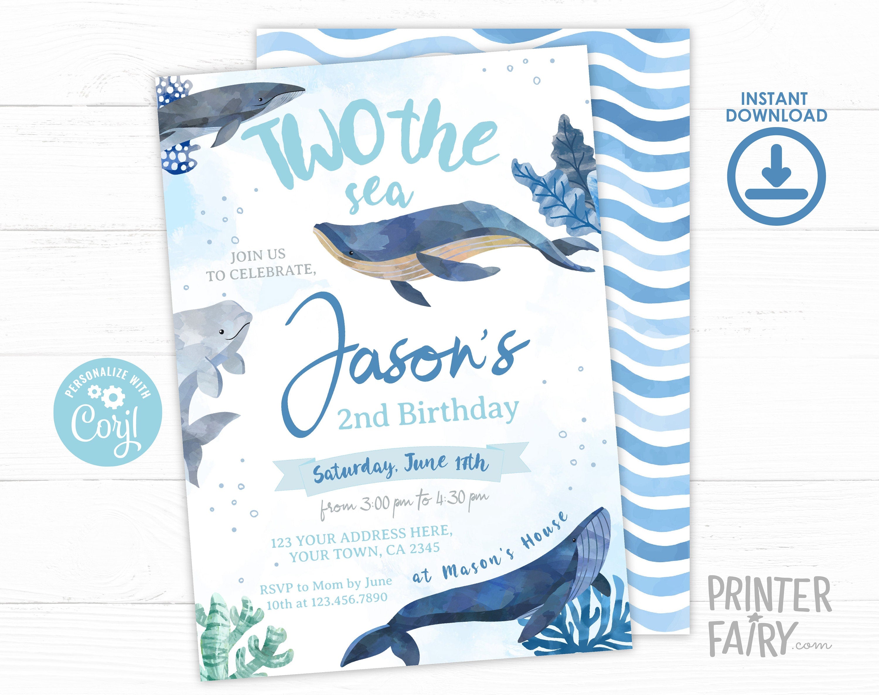 Whale 2nd Birthday Party Invitation, Under the Sea, Editable Template (Instant Download)