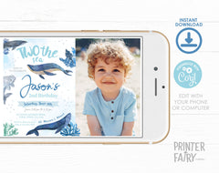 Whales Second Birthday Invitation with Photo (Editable Printable)