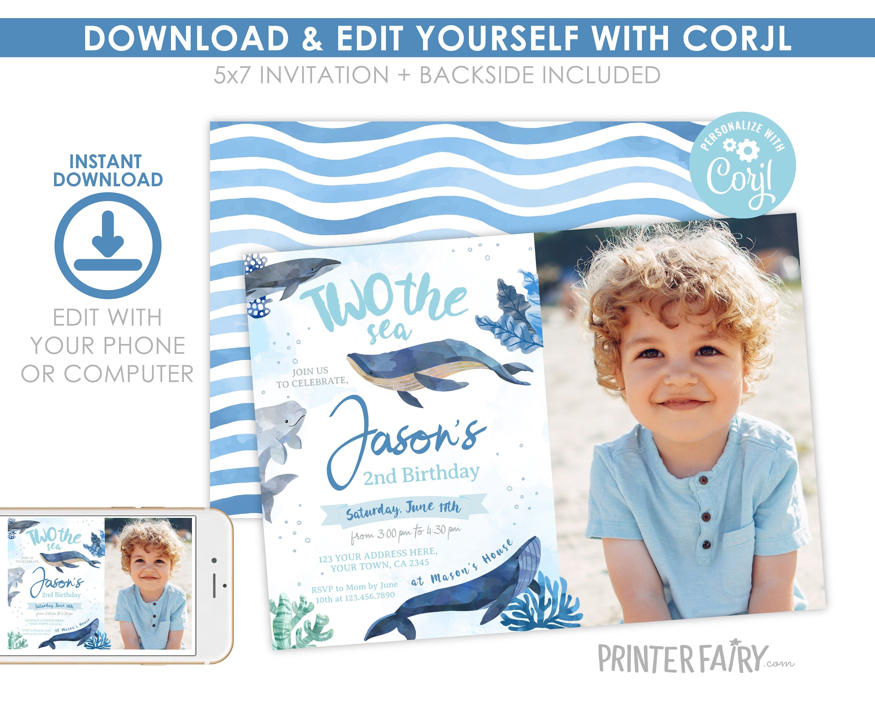 Whales Second Birthday Invitation with Photo (Editable Printable)