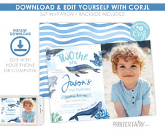 Whales Second Birthday Invitation with Photo (Editable Printable)