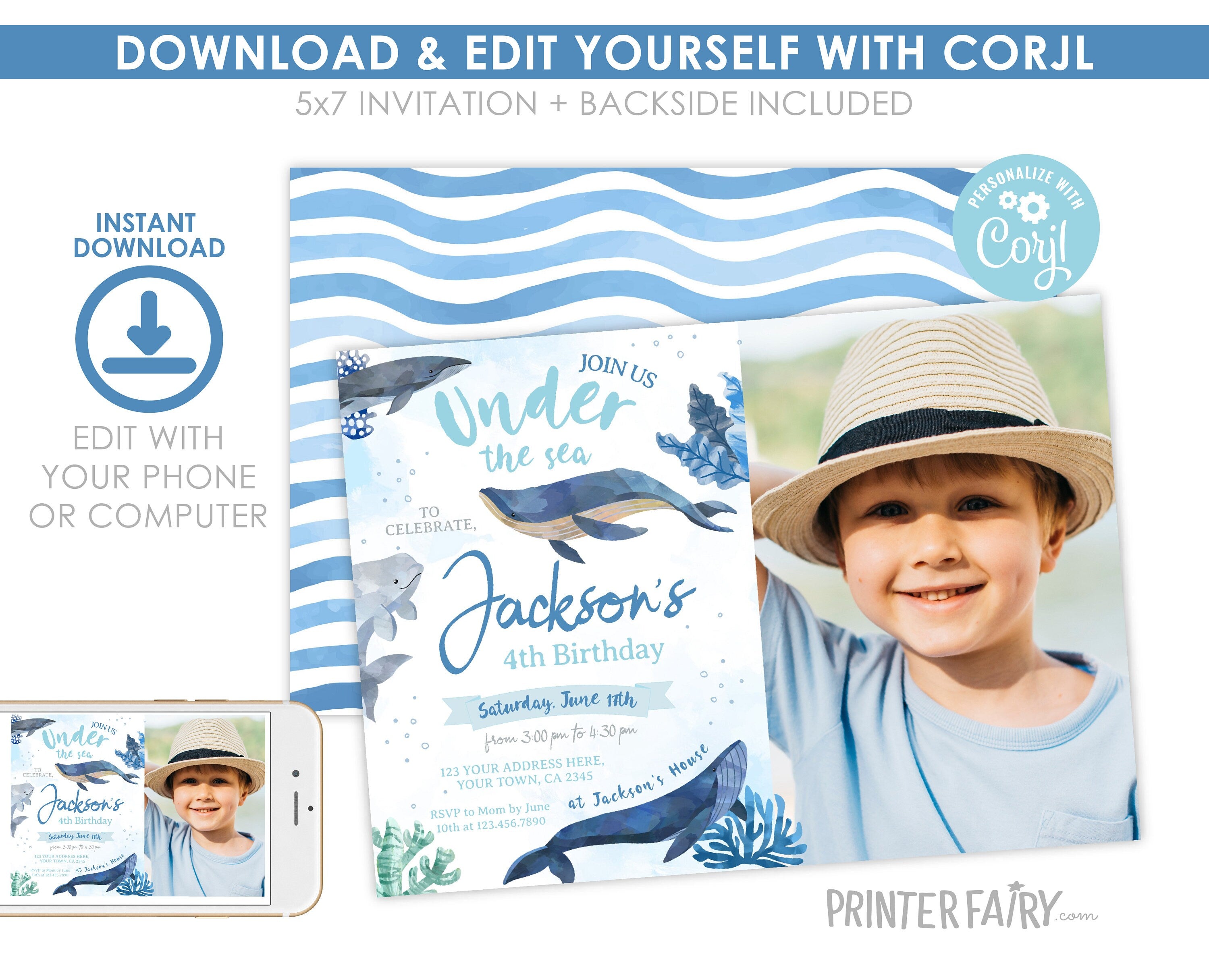 Whales Birthday Invitation with Photo, Under The Sea Party (Editable Download Printable)