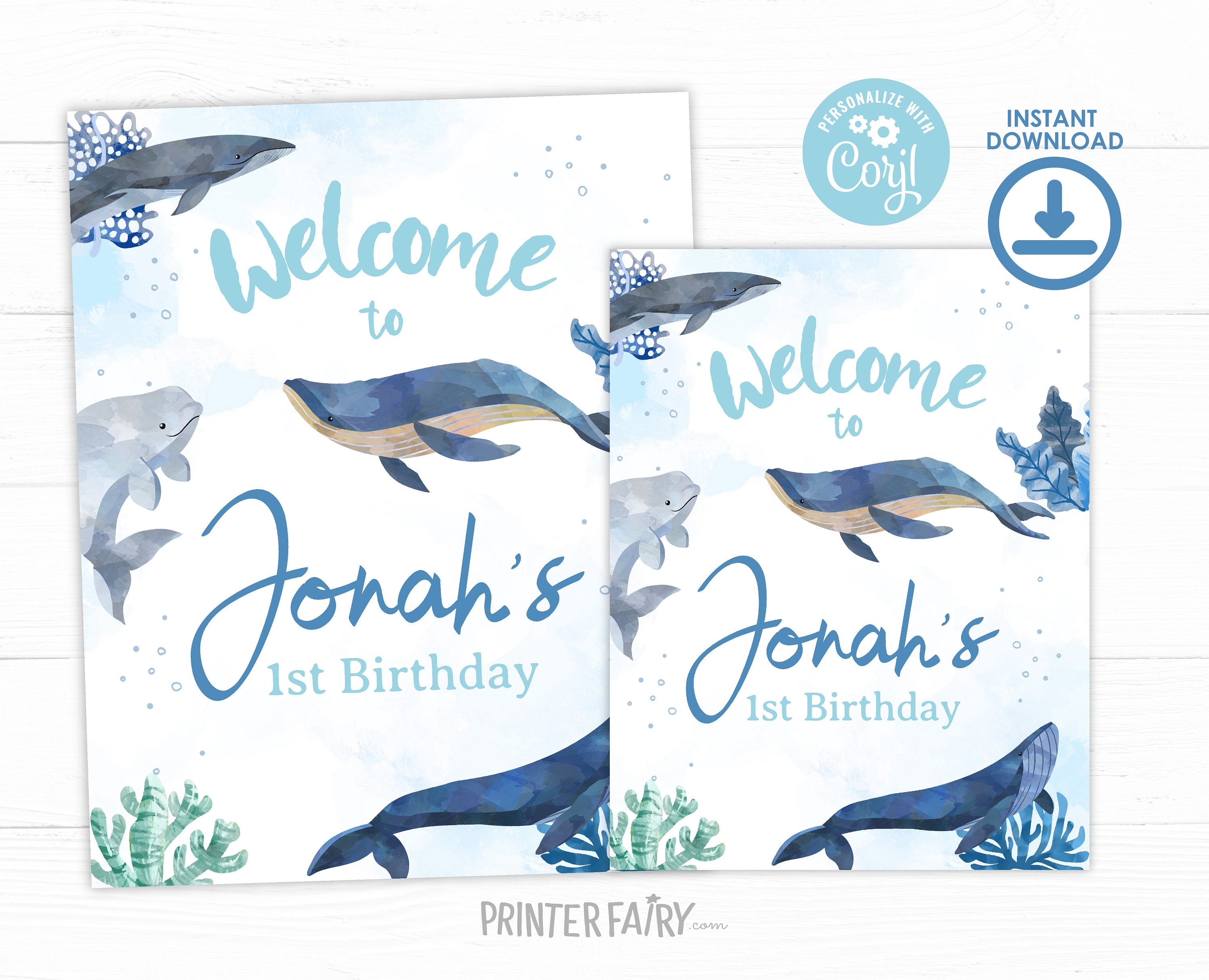Whale Birthday Welcome Sign, Under the Sea Party (Editable Printable)