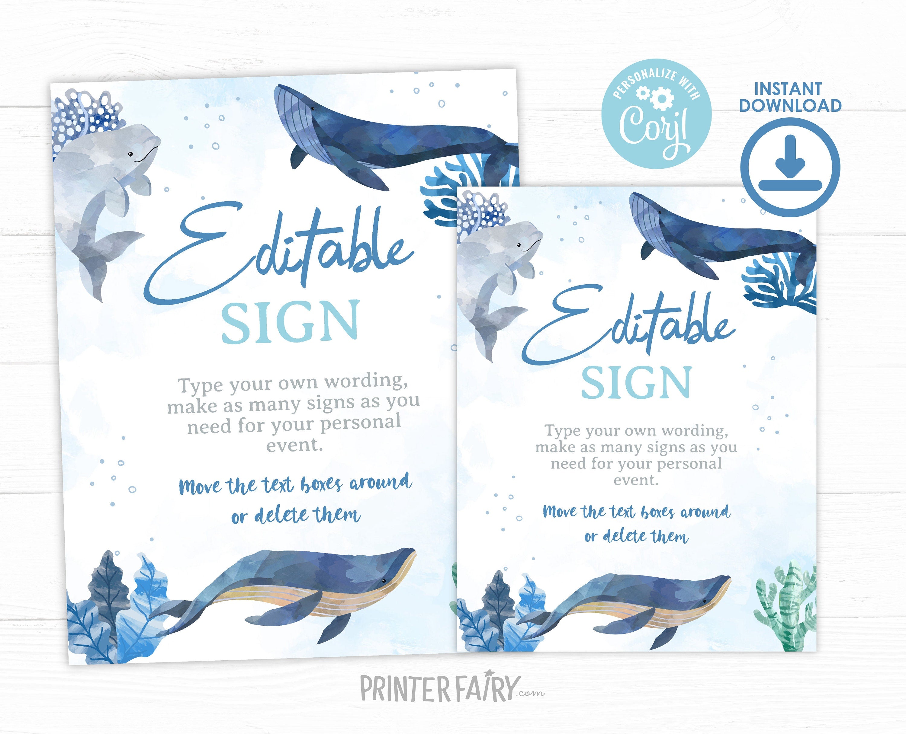 Whales Birthday Sign, Under The Sea Party, Editable Printable (Digital Download)