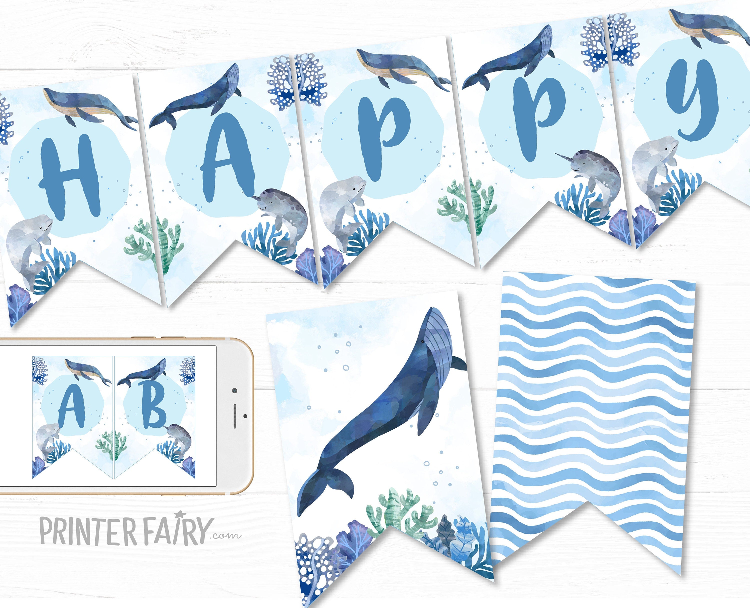 Whales Birthday Party Banner, Ocean Animals, Pool Party (Download Printable)