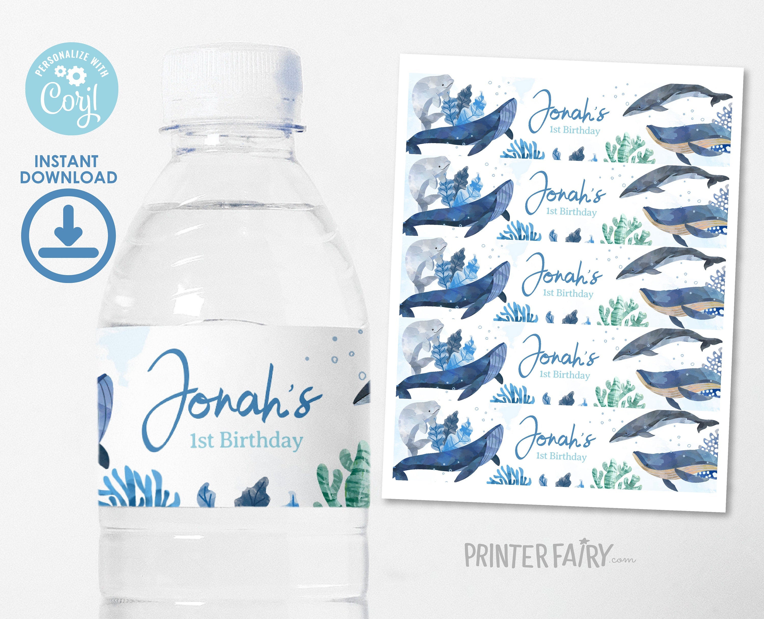 Whales Birthday Water Bottle Label, Under The Sea Party (Download Printable)
