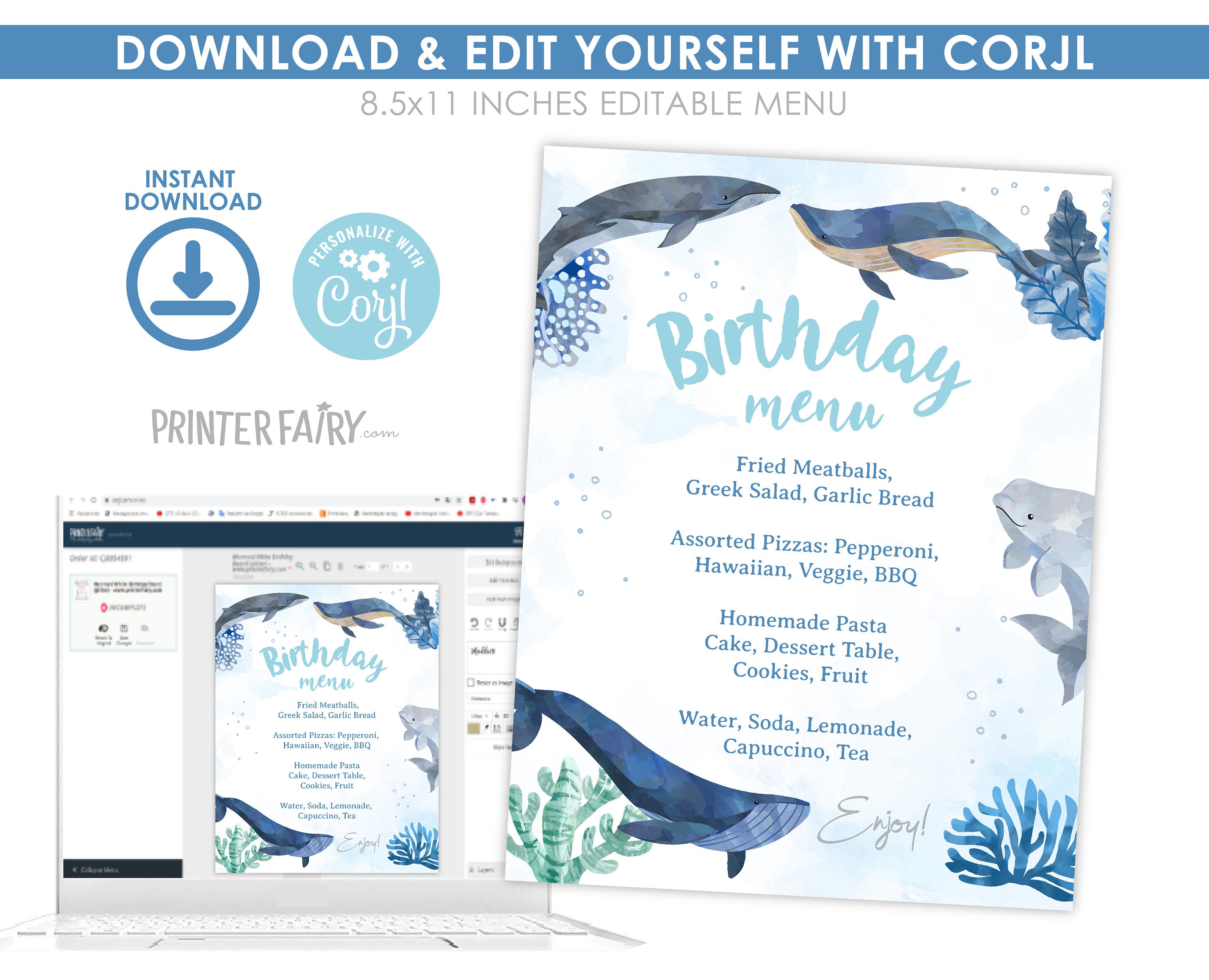 Under the Sea Birthday Menu, Whales, Editable Printable