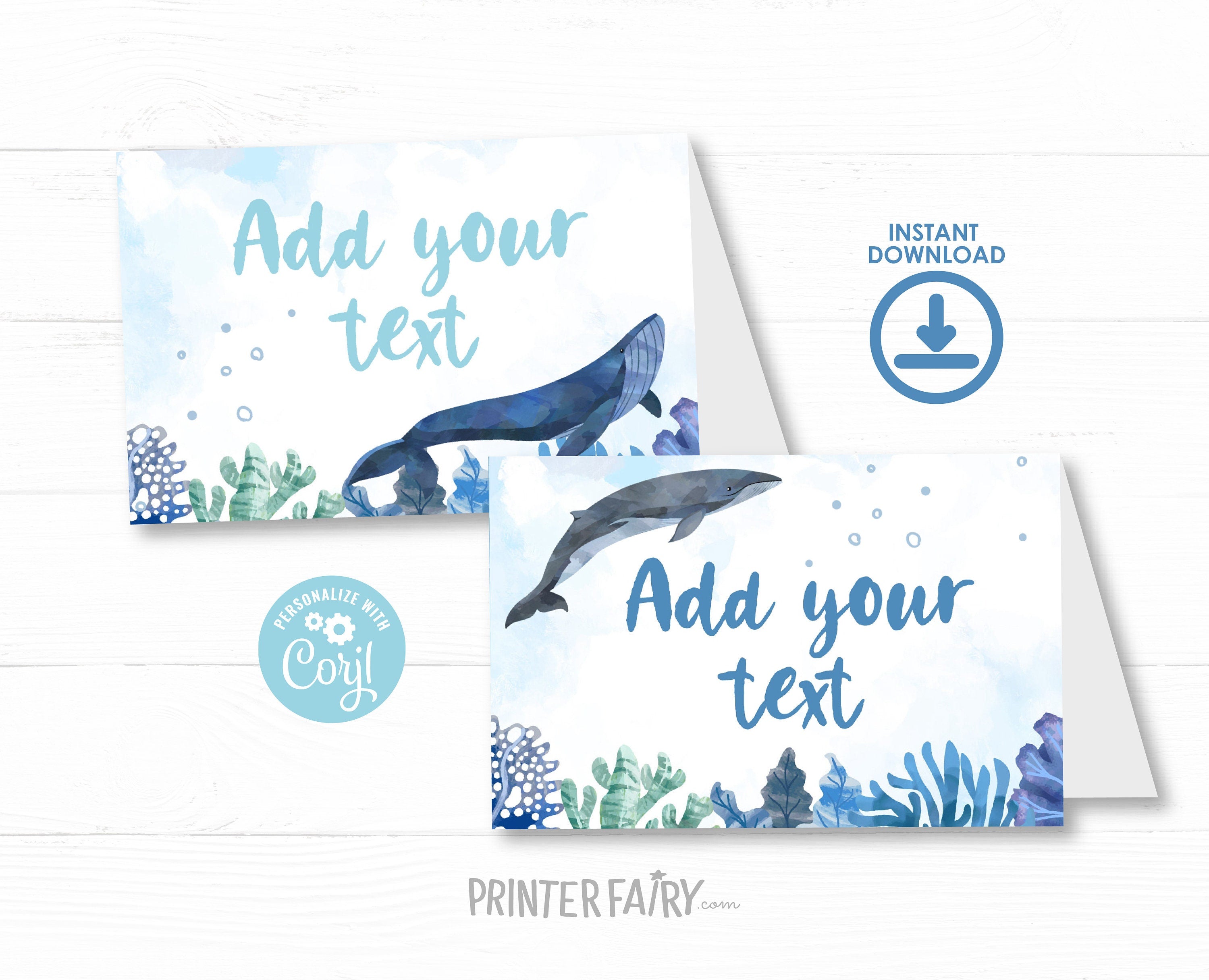 Whales Birthday Party Food Tents, Under The Sea Favors (Editable Printable)
