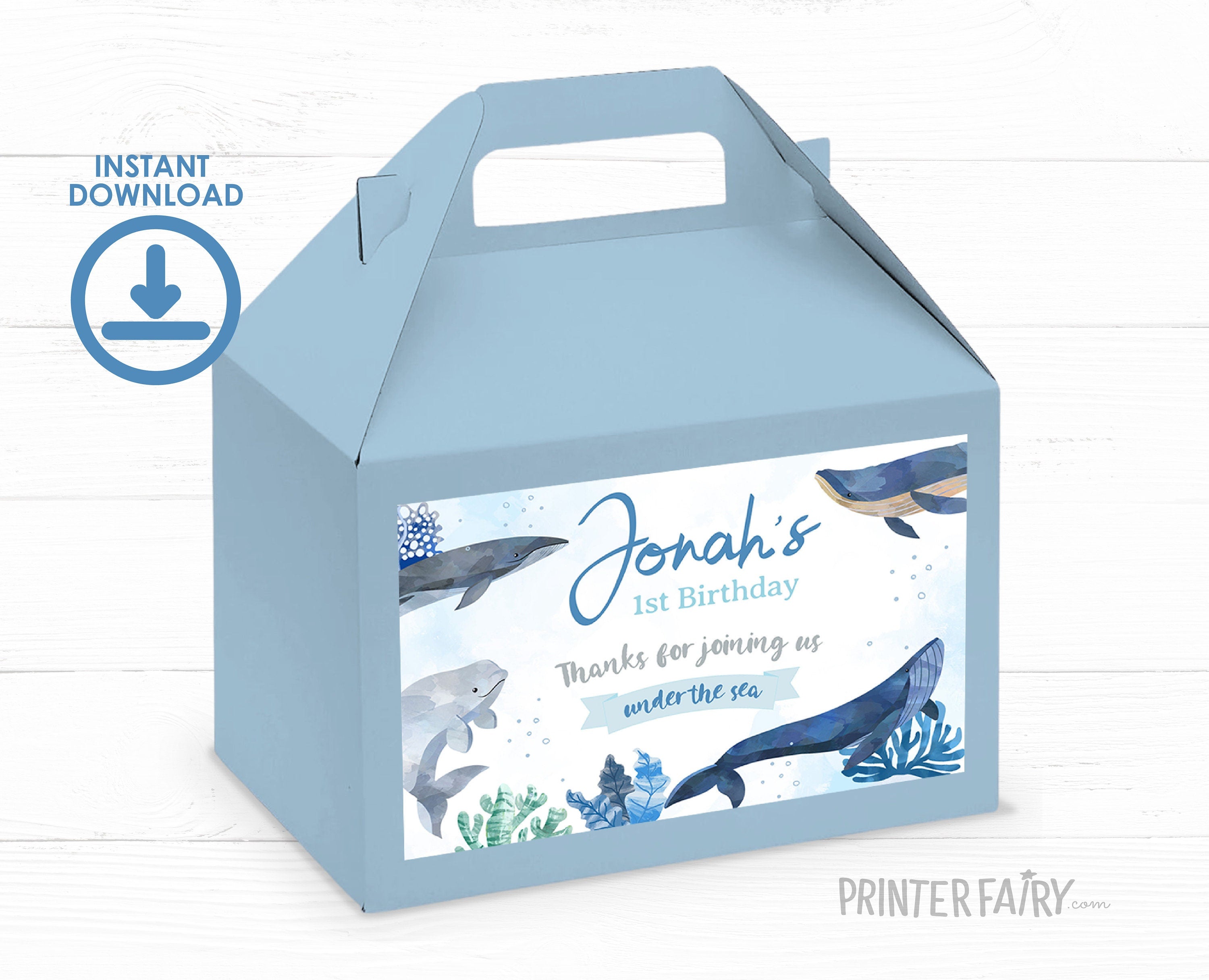 Whale Birthday Party Favor Box Label, Under The Sea Printable (Editable)