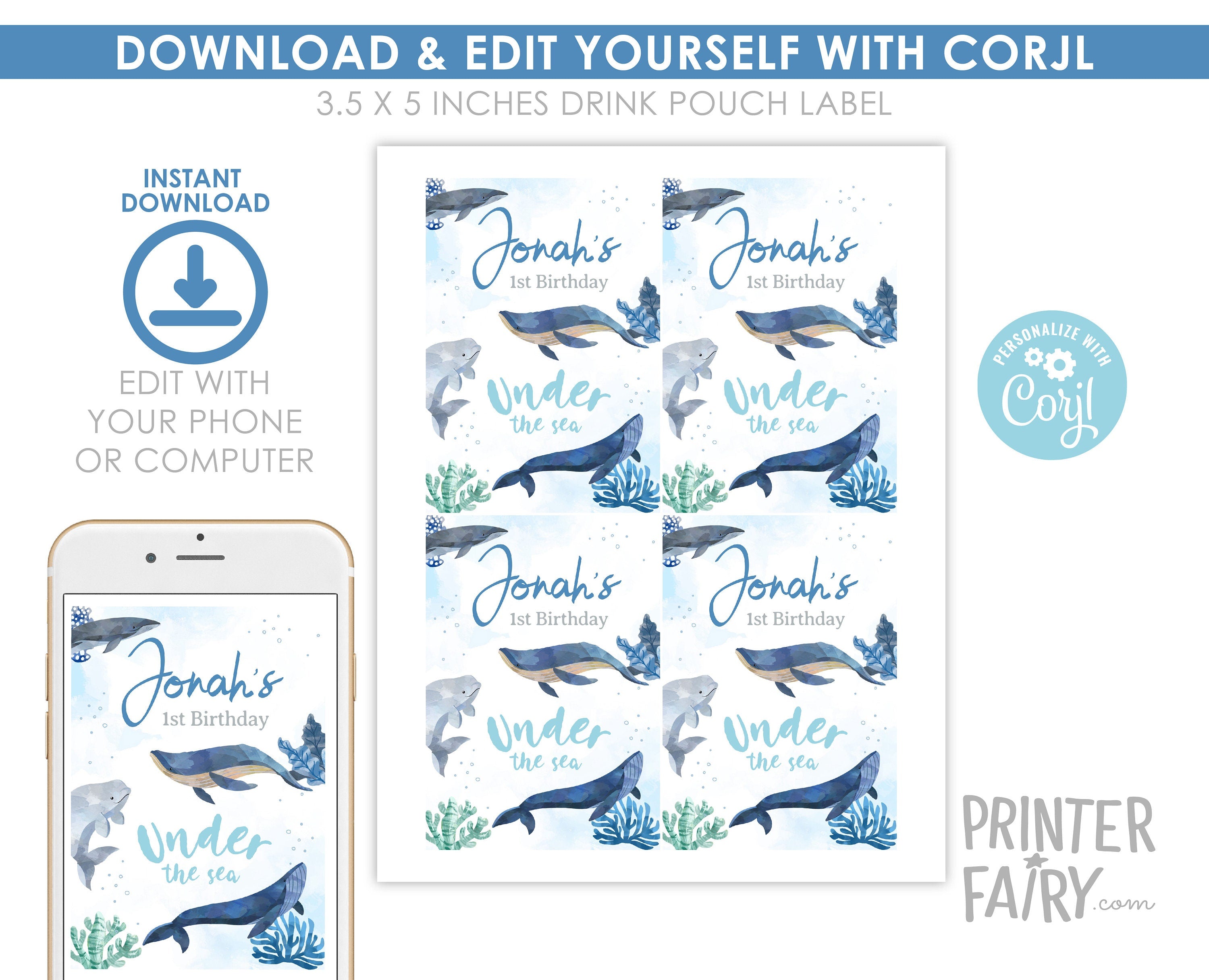 Whales Birthday Party Drink Pouch Label, Under The Sea Favors (Editable Printable)