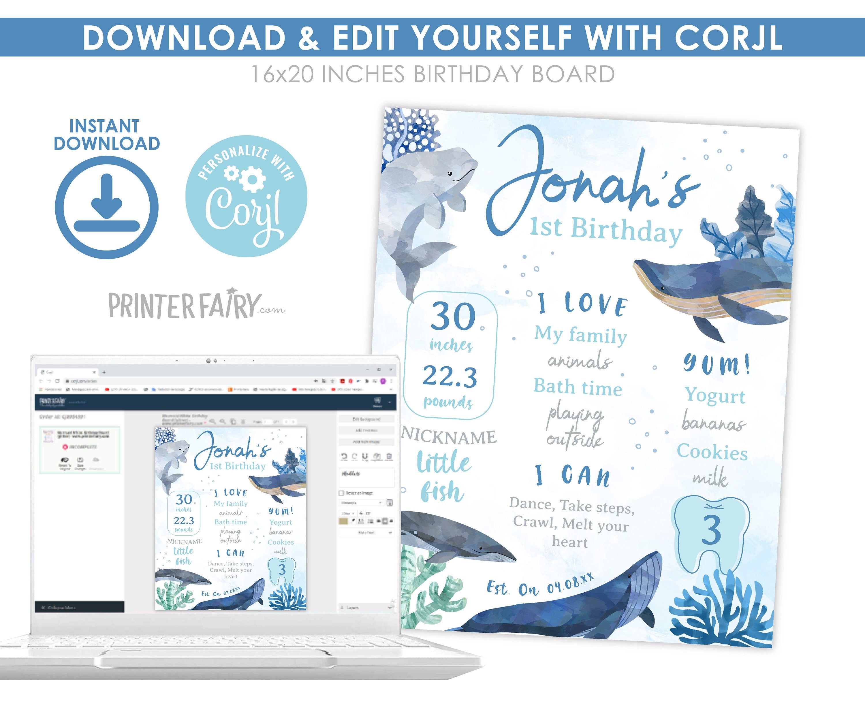 Whale First Birthday Stats Board, Ocean Animals, Editable Printable