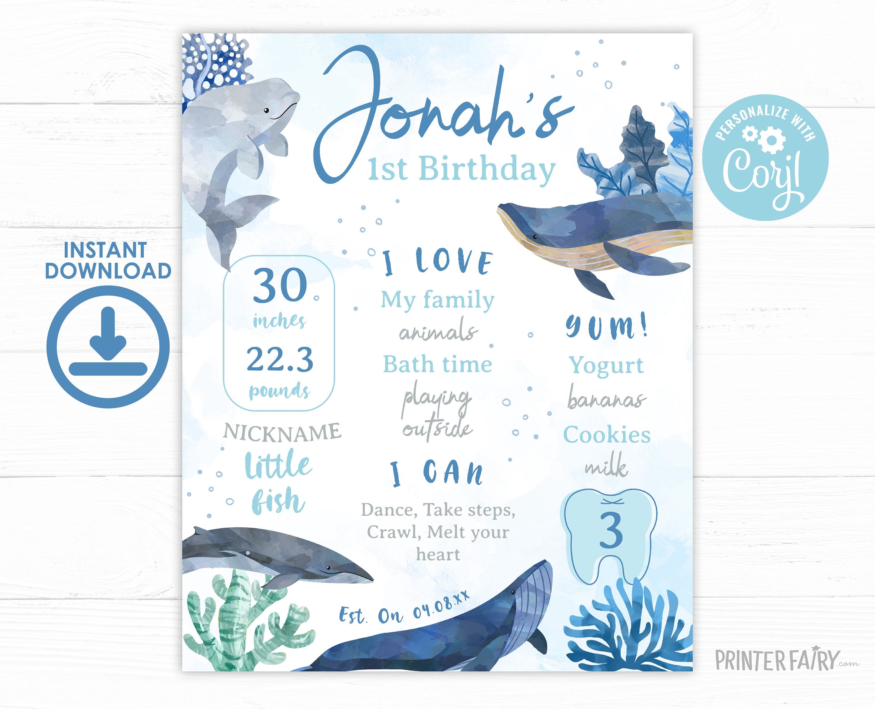 Whale First Birthday Stats Board, Ocean Animals, Editable Printable