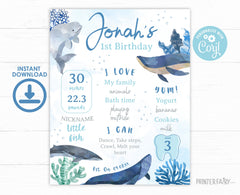 Whale First Birthday Stats Board, Ocean Animals, Editable Printable