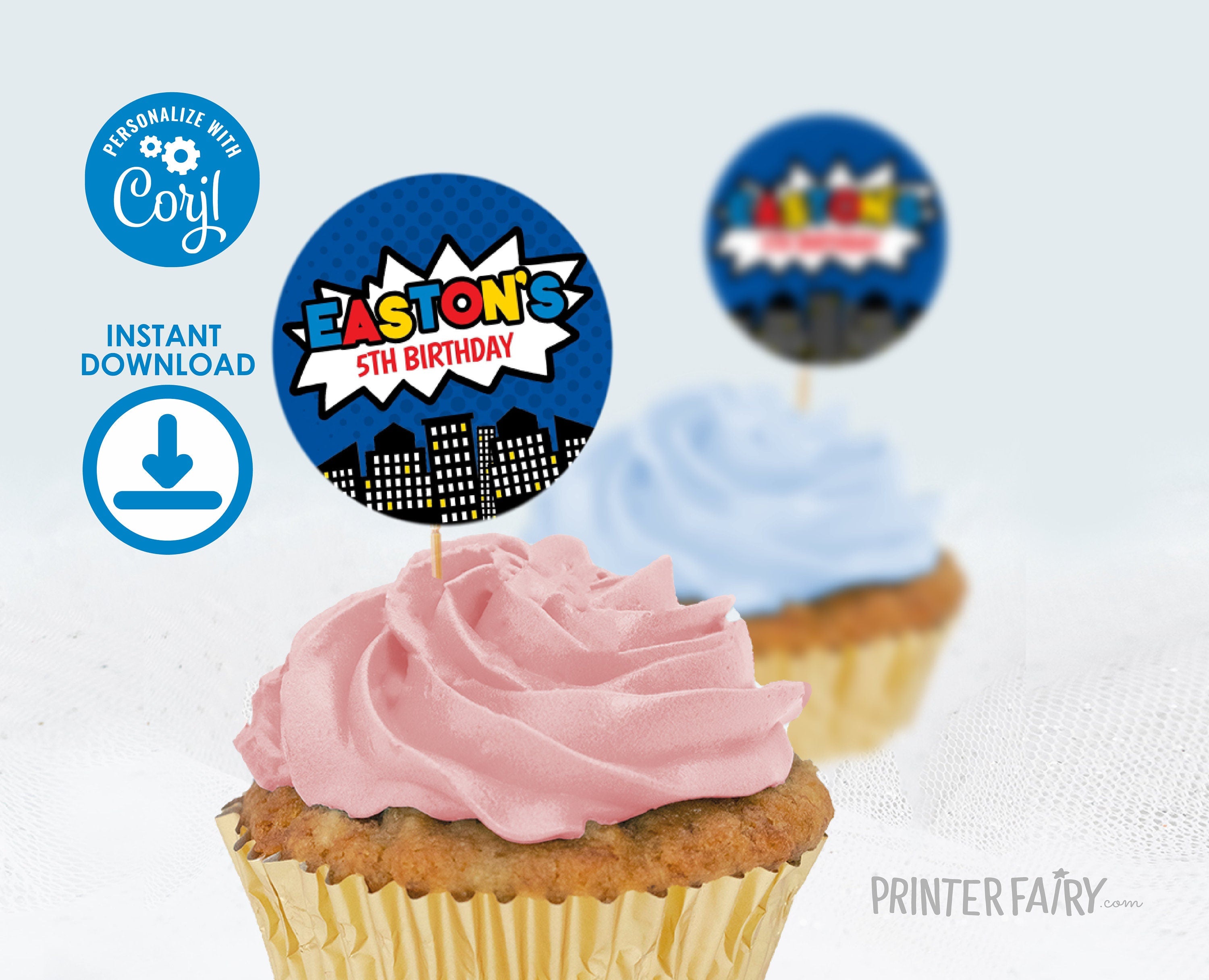 Superhero Birthday Party Toppers Editable Templates, Instant Download
