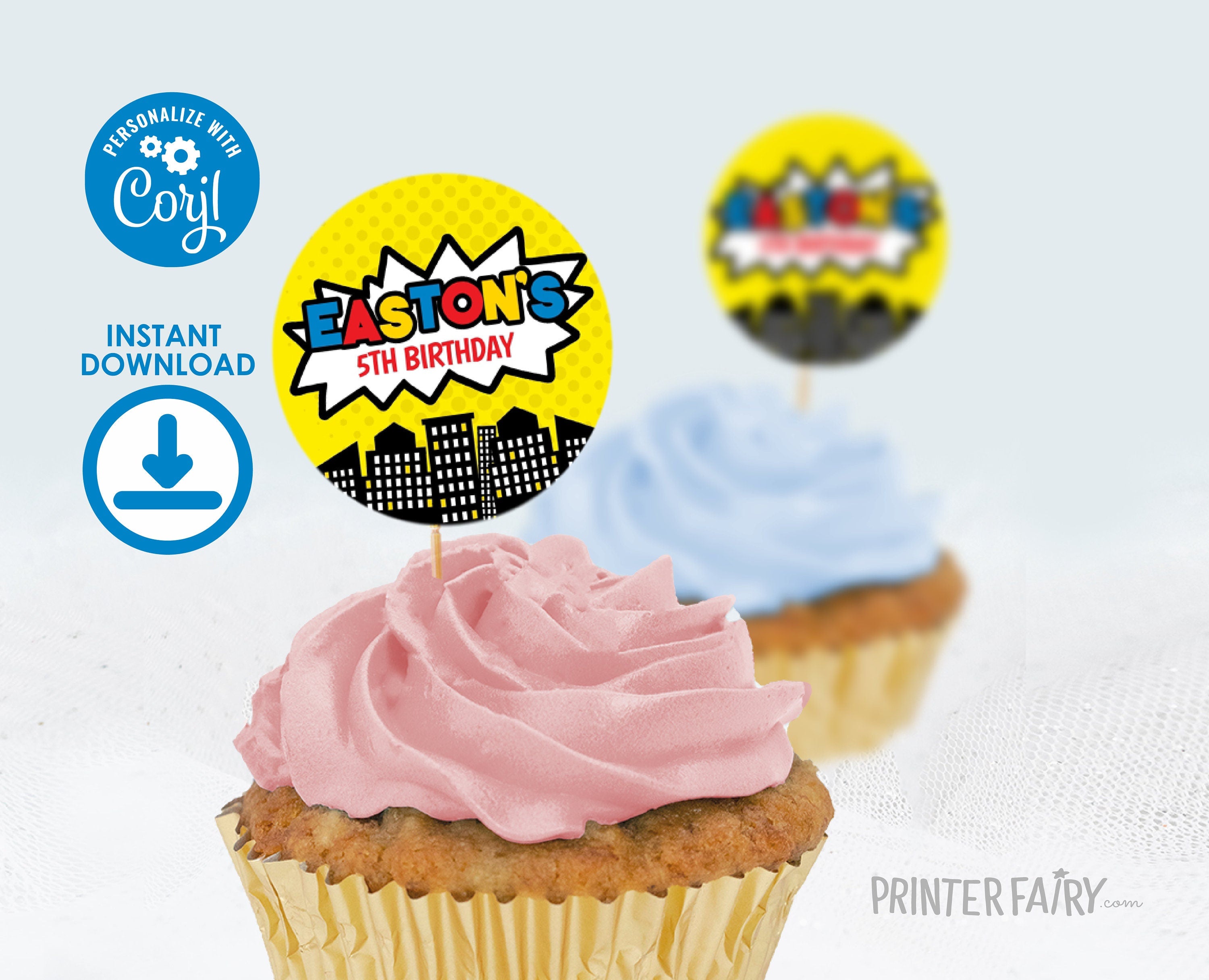 Superhero Birthday Party Toppers Editable Templates, Instant Download