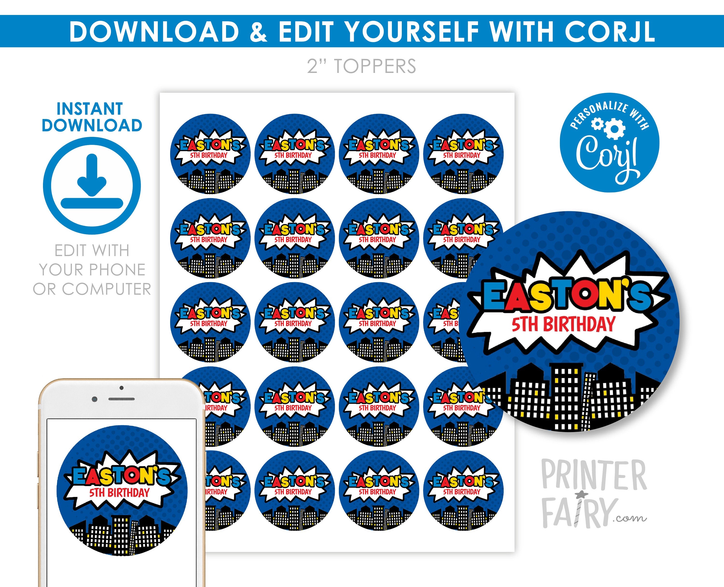 Superhero Birthday Party Toppers Editable Templates, Instant Download