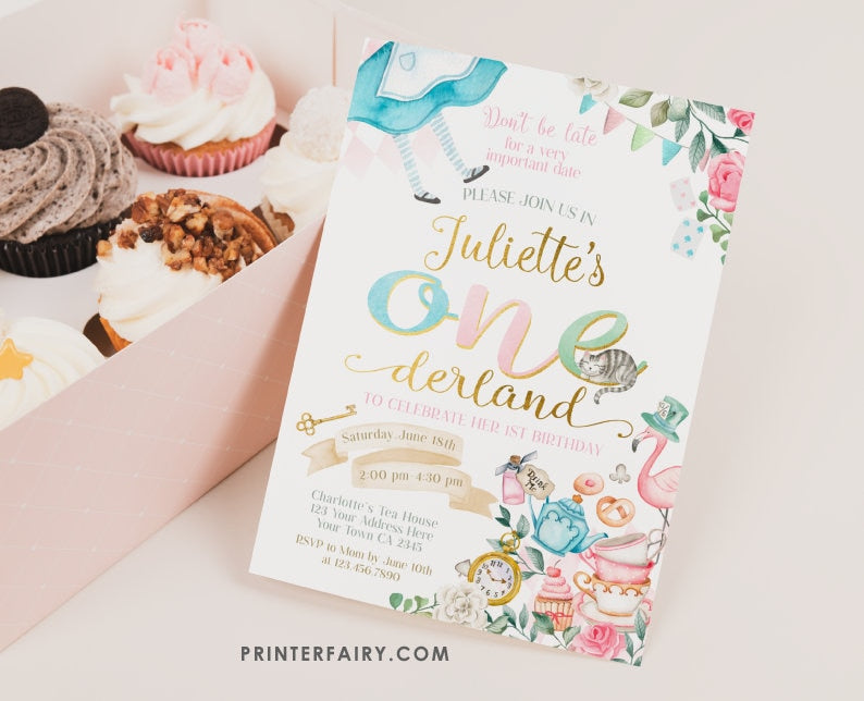 Alice in Onederland Birthday Invitation, Editable Template (Instant Download)