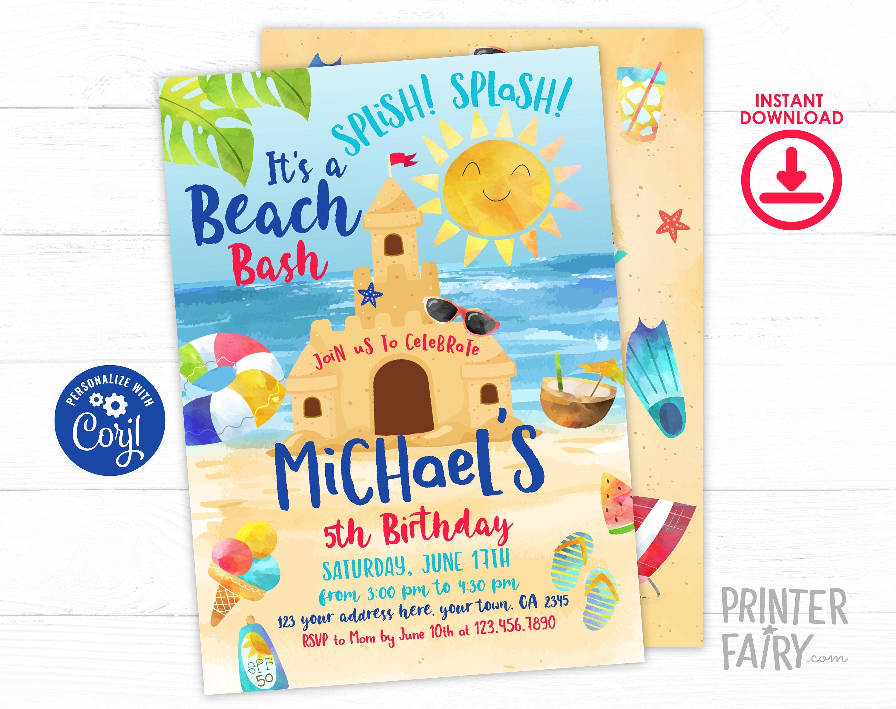 Beach Sand Castle Birthday Party Invitation Editable Template INSTANT DOWNLOAD