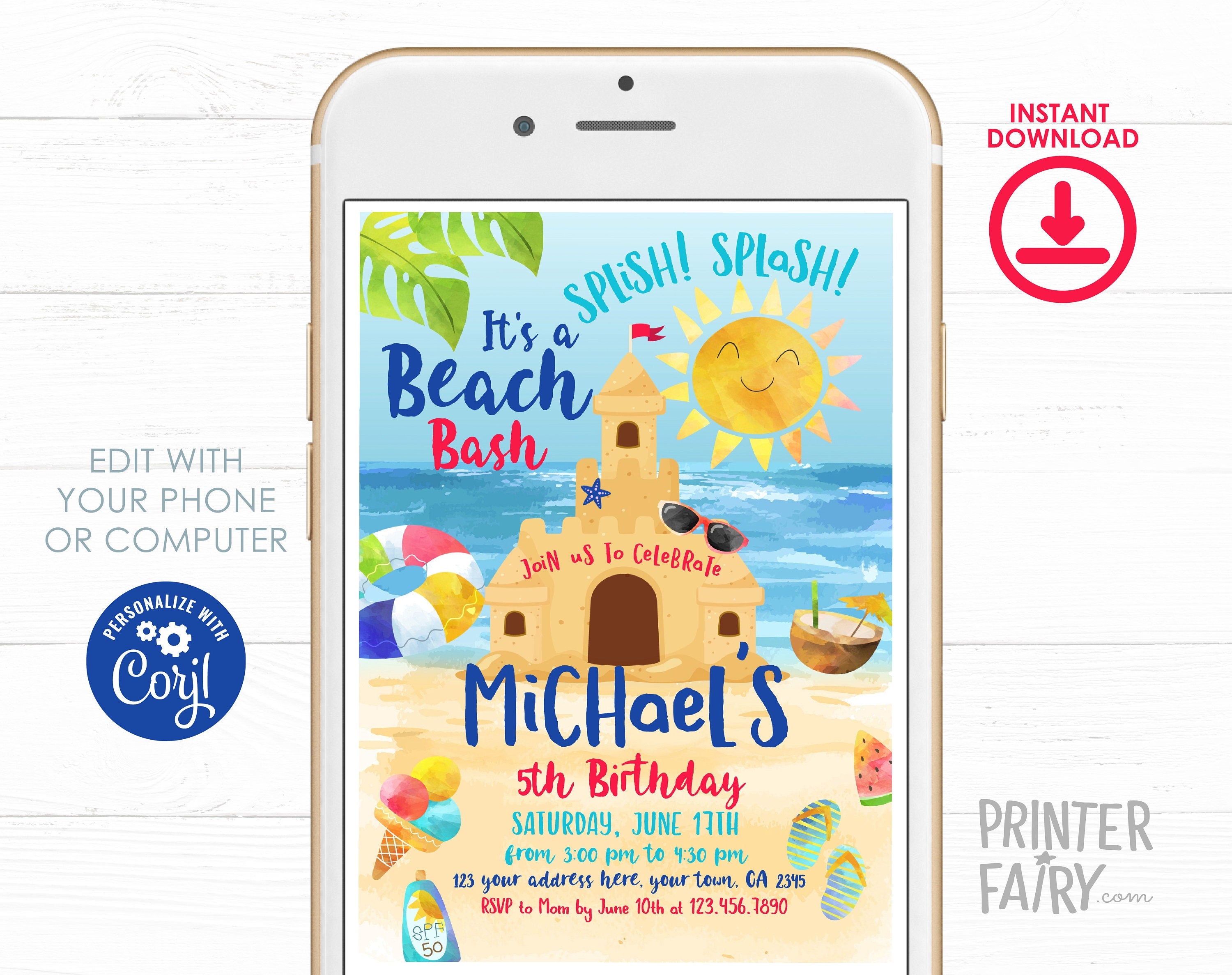 Beach Sand Castle Birthday Party Invitation Editable Template INSTANT DOWNLOAD