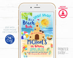 Beach Sand Castle Birthday Party Invitation Editable Template INSTANT DOWNLOAD